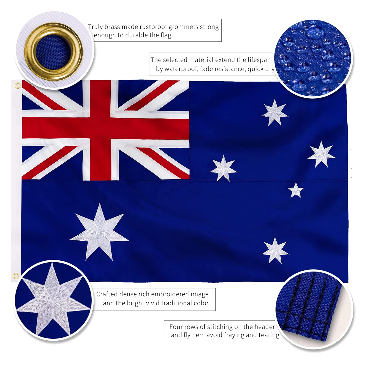 XIFAN Premium Australia Australian Flag 3X5 Outdoor, Double Sided Embroidered Stars, Heavy Duty 210D Nylon Australian National Country Flags, with Sewn Stripes/4 Stitch Hemming/Brass Grommets - Cuba image number 2