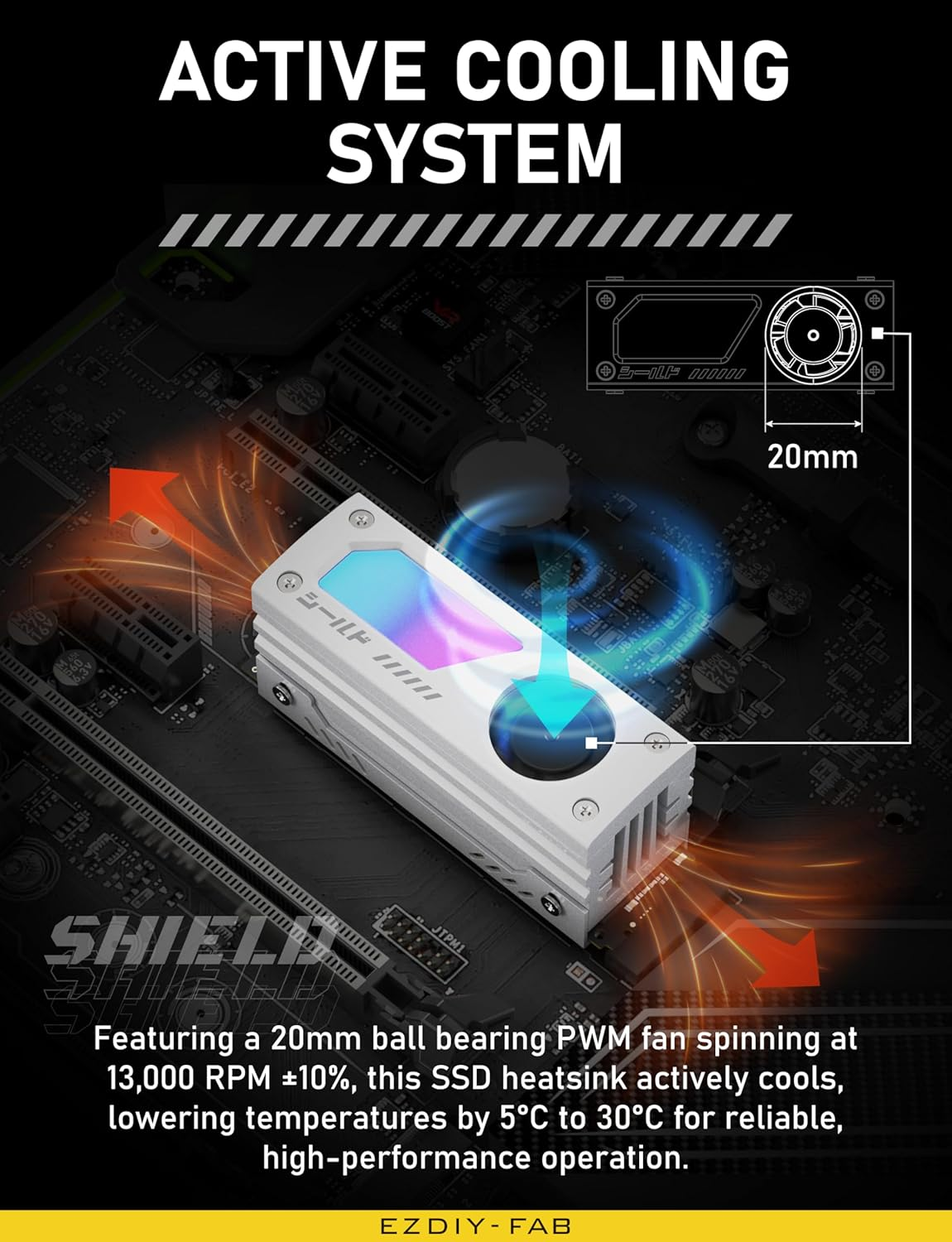 EZDIY-FAB Shield ARGB M.2 SSD Heatsink with Build-In 20Mm PWM Fan, Premium Aluminum Design,5V 3-Pin ARGB Sync, High-Performance SSD Cooler for M.2 2280-White-1 Pack image number 4