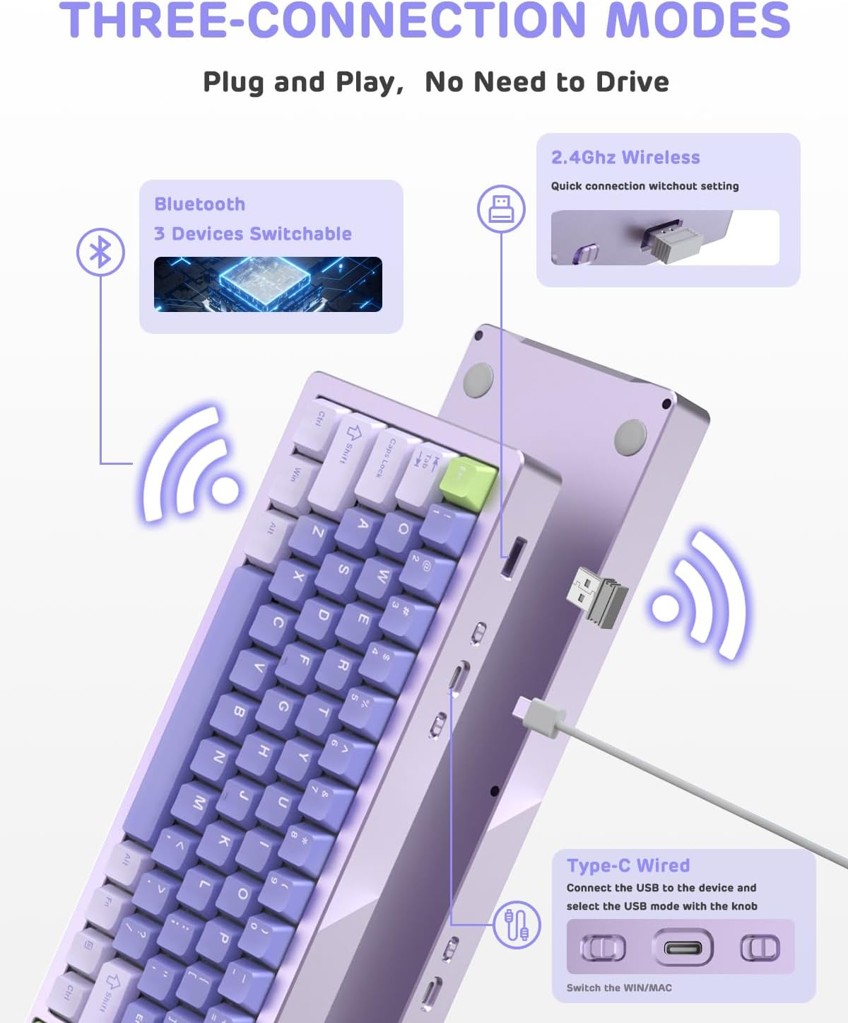 ATTACK SHARK M71 75%TKL Wireless Mechanical Keyboard,Full Aluminum Cnc,Bt5.0/2.4G/Usb-C,Hot-Swap,Rgb LED,NKRO Gaming Keyboard,4600Mah,Pre-Lubed Linear Switch,Custom Gasket Mount for PC Mac/Win(Purple) image number 5