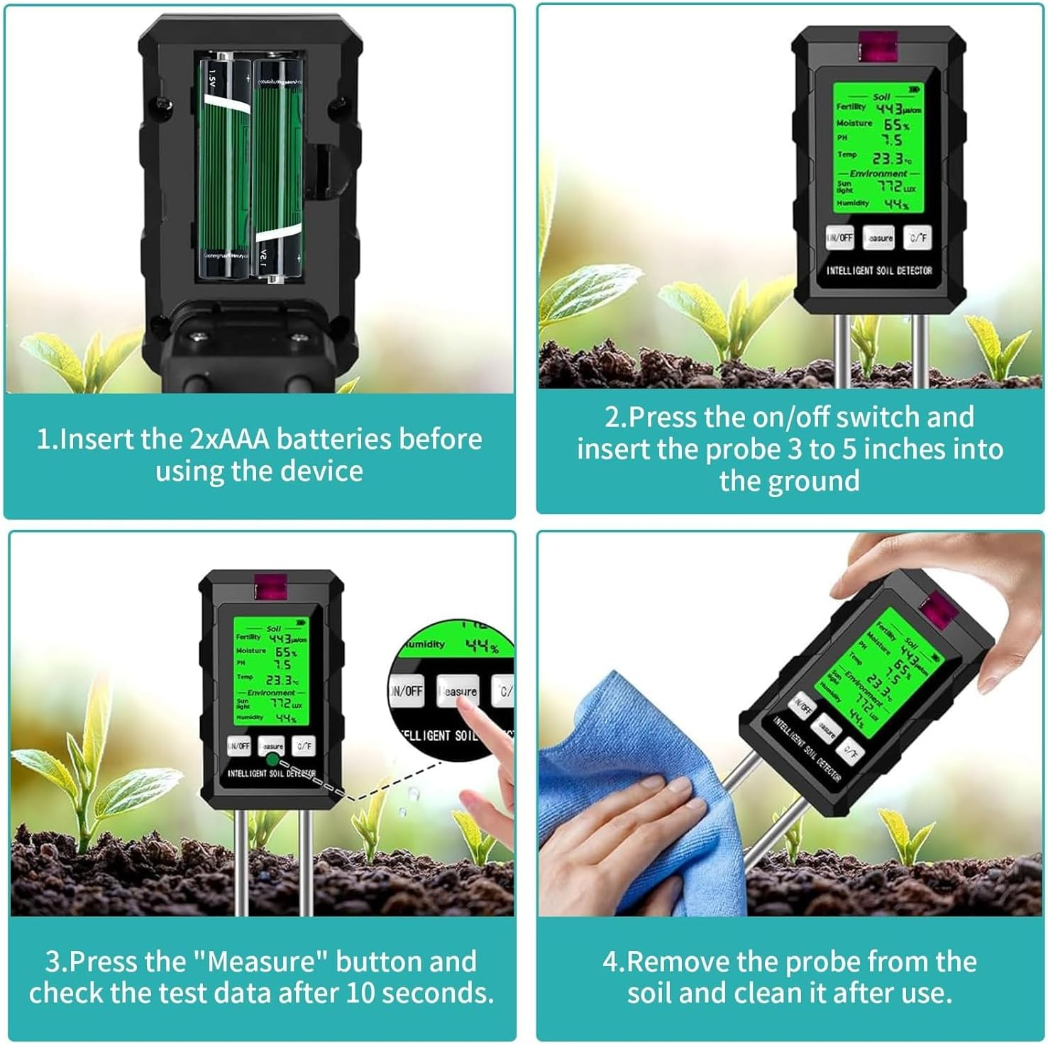 Soil Test Kit,Soil Moisture Meter/Air Hygrometer Meter/Ph Meter/Sunlight Intensity/Fertility Soil Tester Agricultural Planting 6-In-1,Thermometers for Gardening Tools image number 1