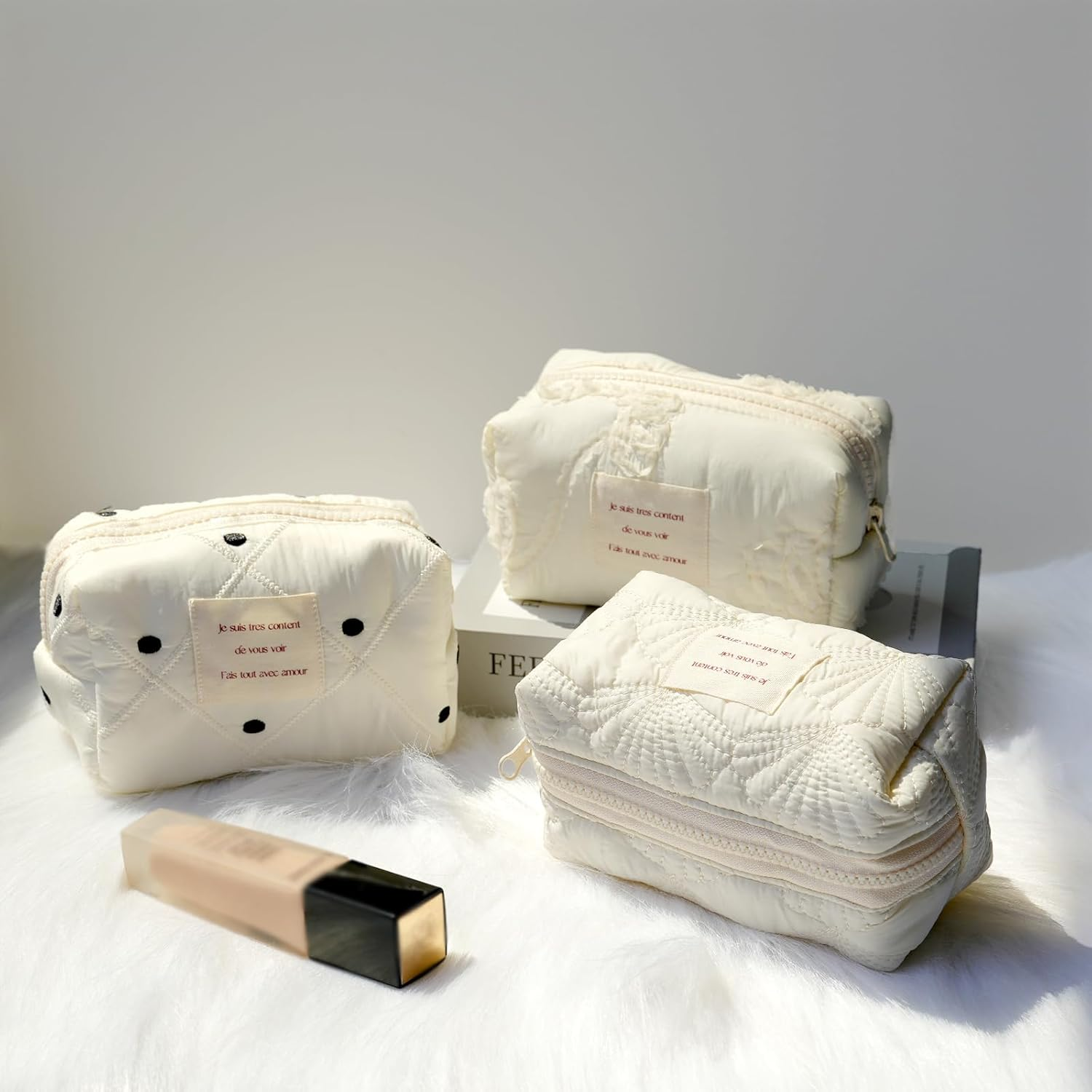 Sminra White Makeup Bag Small Nylon Cotton Quilted Cosmetic Makeup Bag Organizer, Aesthetic Floral Waterproof Portable Pouch Purse Toiletry Bag for Women Girls Travel Accessories, White Lace-S, - White Lace-L image number 5