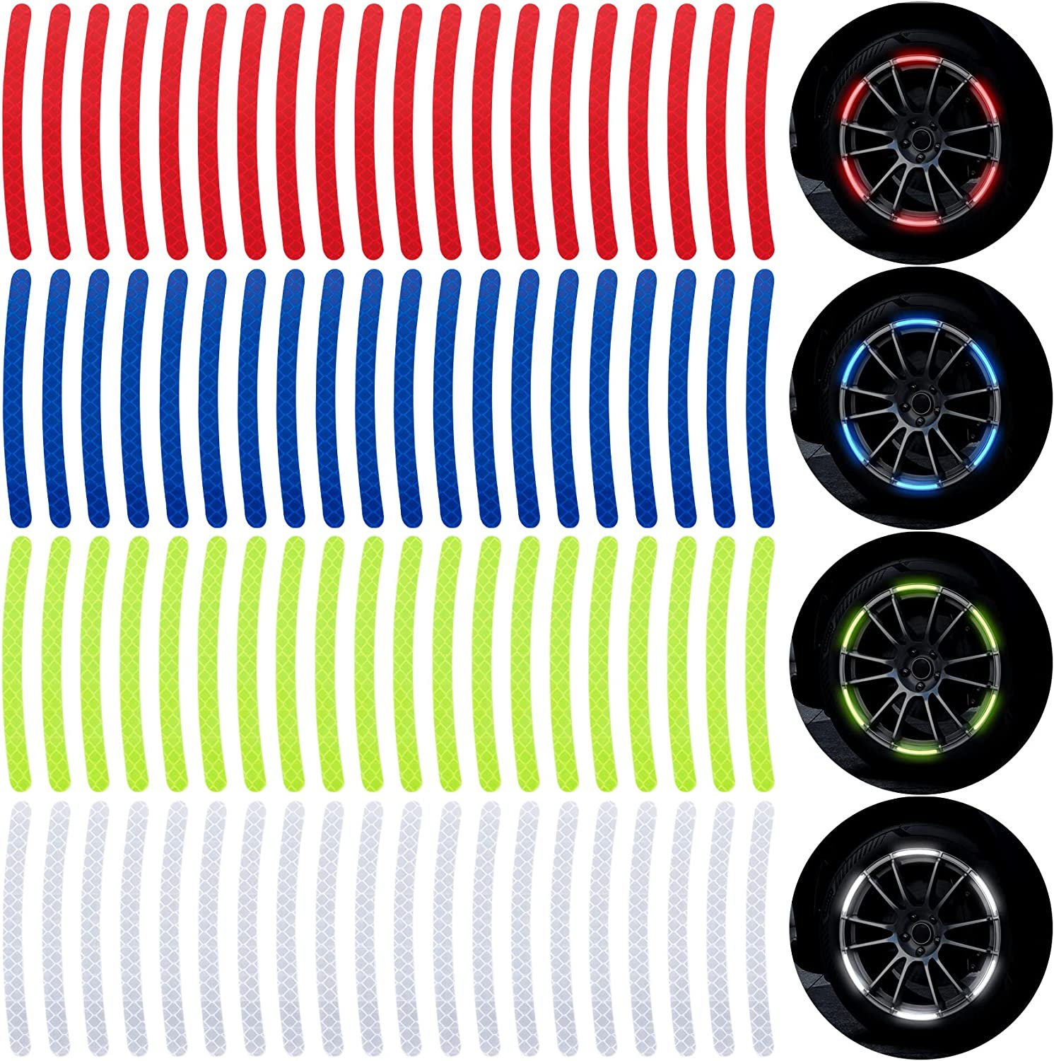 OIIKI 80PCS Reflective Car Wheel Rim Stickers, Wheel Adhesive Strips Stickers, Fluorescent Reflective Exterior Accessories Decorative Decals Tape for Car, Motocycle, Bicycle-Green, White, Blue, Red image number 6