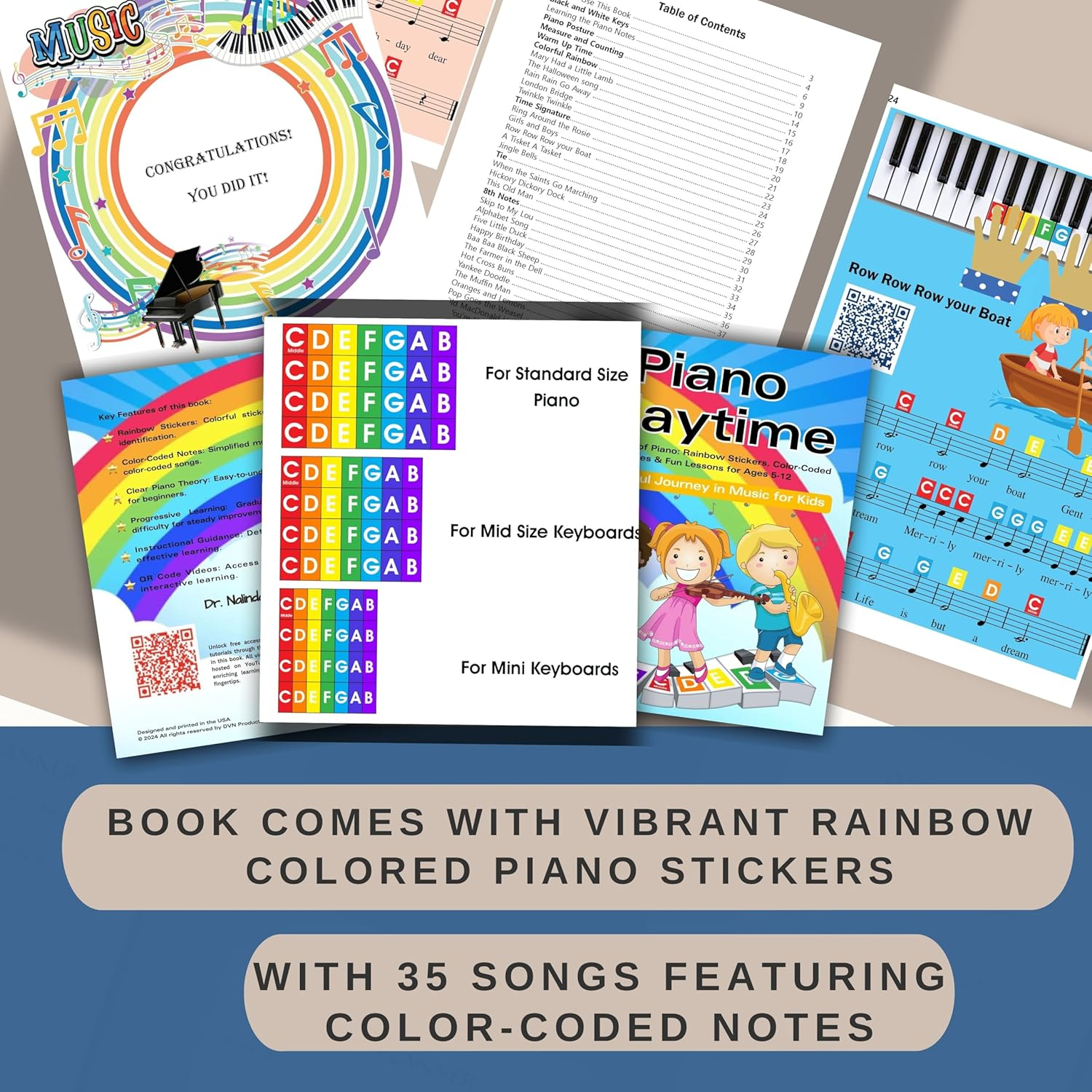 QMG Rainbow Color Piano and Keyboard Sticker and Kids Piano Learning Book Easy to Follow Instructions for Kids, Beginner Piano Book for Children, Easy Piano Sheet Music for Kids image number 4