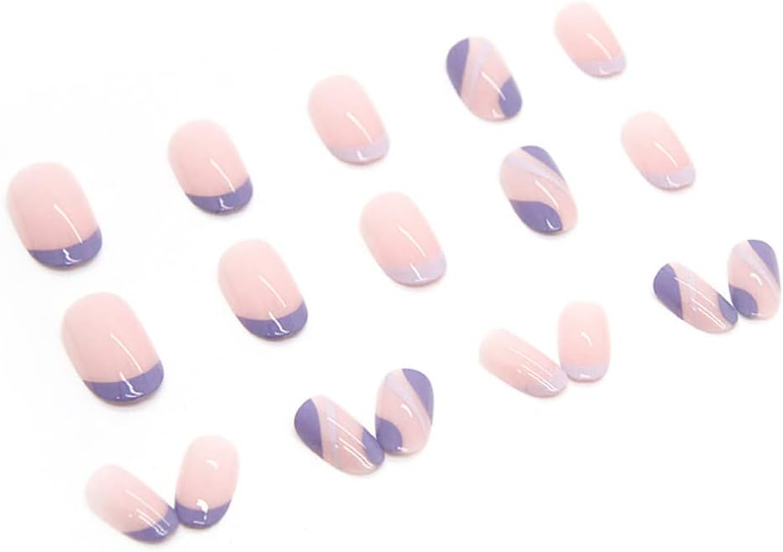 Rikview French Tip Press on Nails Short Fake Nails Oval Purple Nails for Women with Swirls Design image number 4