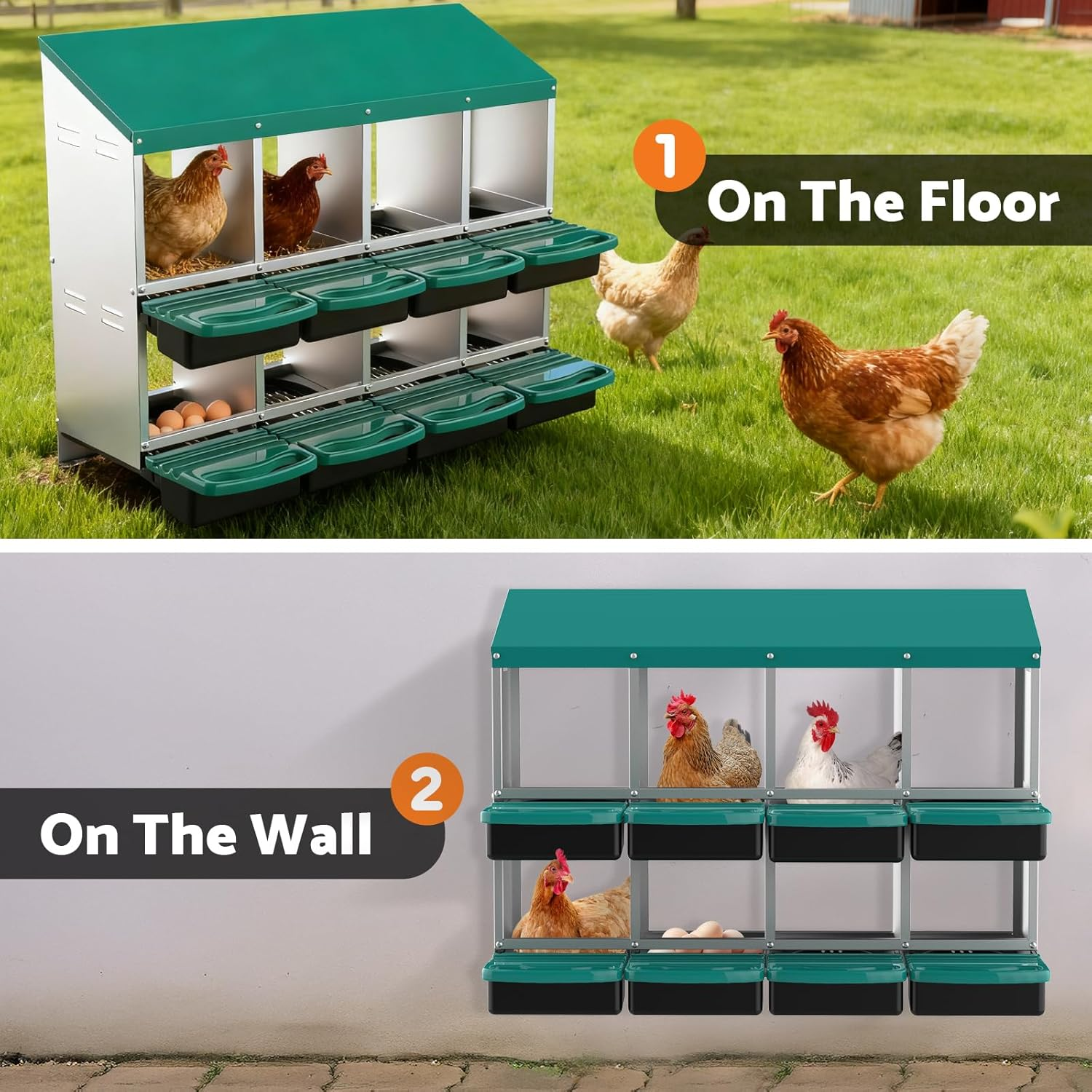 Chicken Nesting Box with 8 Compartments, 106 X 52 X 79 Cm, Green, Removable Trays