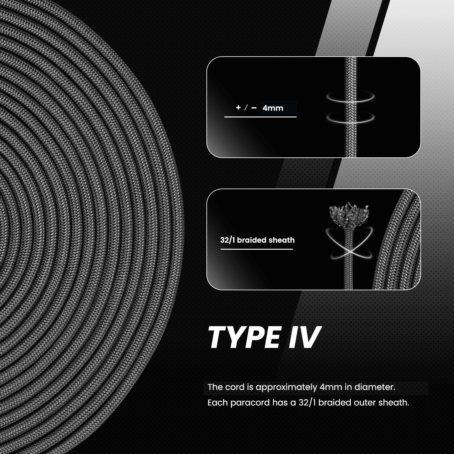 Abma Cord 4Mm Paracord 750Lb 30M 100% Nylon Rope 11 Strands Type IV Military Grade Parachute Cord for DIY, Camping, Survival, Outdoor - Max. 340Kg - Black - Army Green image number 3