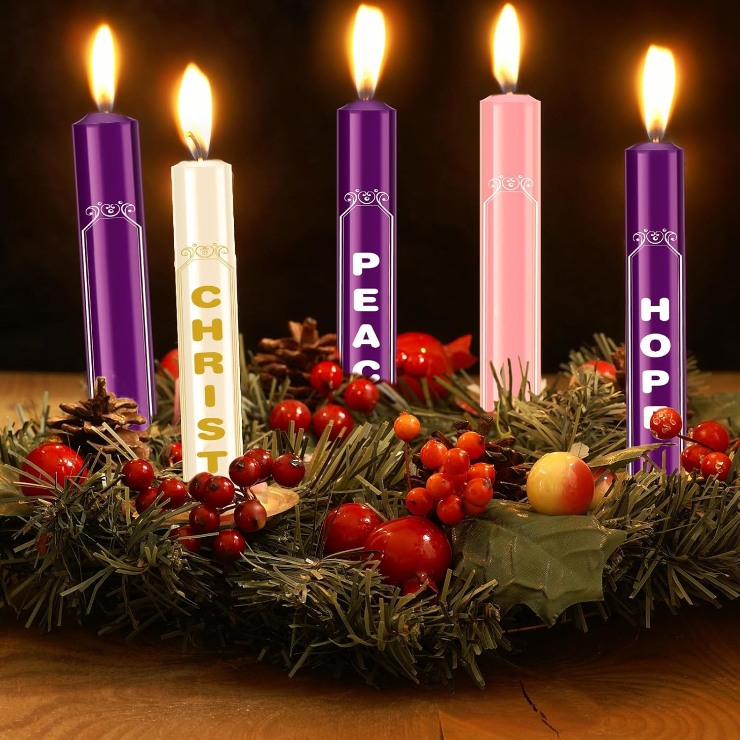Tondiamo 5 Pieces Christmas Advent Candles with Words Christ, Peace, Joy, Hope White Advent Wreath Candlestick Christmas Advent Candle Taper Candles Purple Candle for Church Advent Wreath Decor image number 4