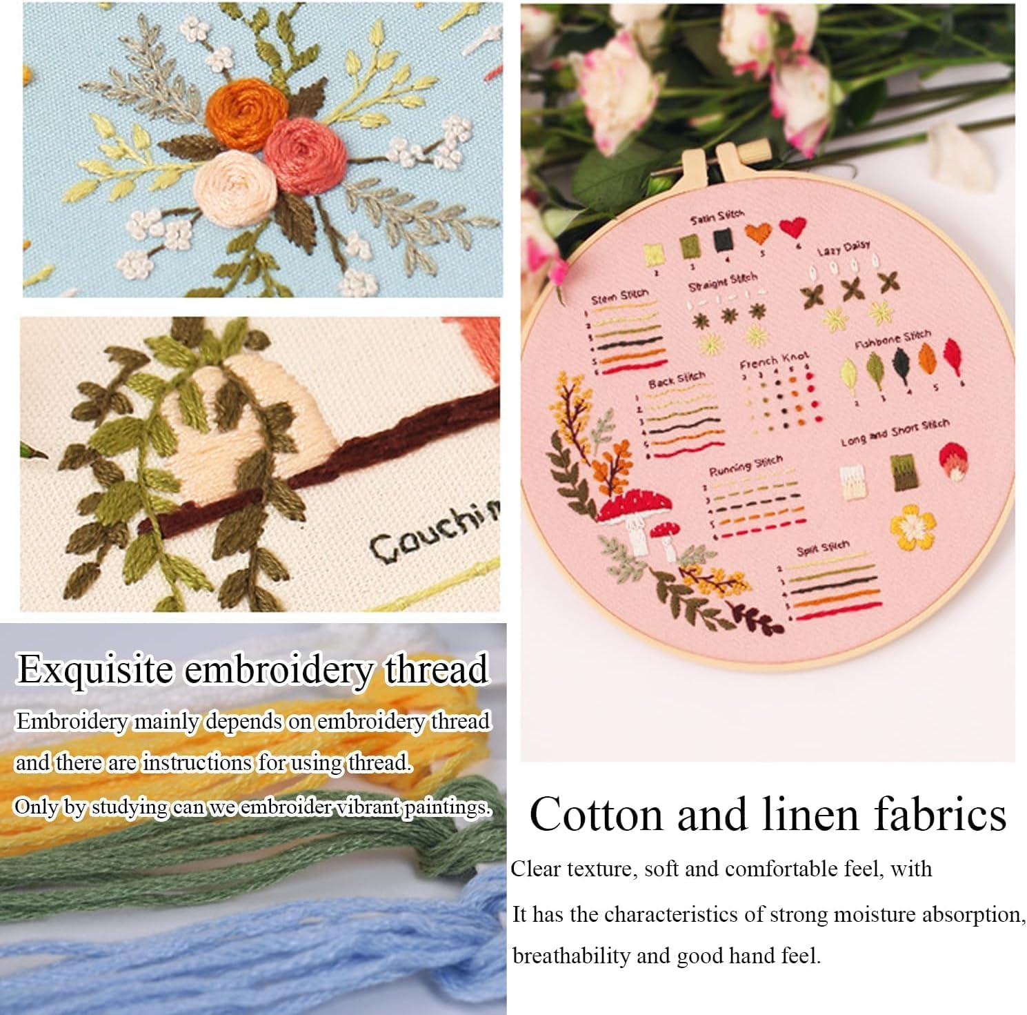 Embroidery Kit for Beginner,3 Sets Stitch Practice Kit, with Hoop and Needle Thread, Flower Cross to Learn 30 Different Adultkids Starter image number 5
