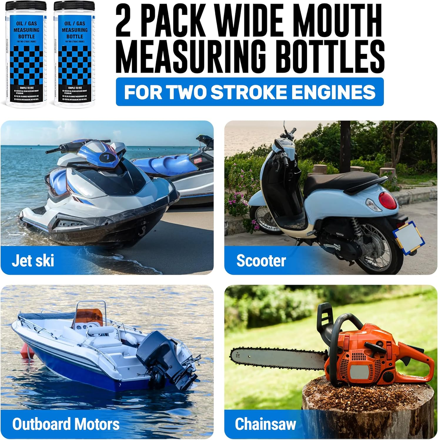 [2-Pack] Wide Mouth Oil/Gas Measuring Bottle - Reusable Mixing Bottle for Two Stroke Engines - Six Different Ratios & Smudge-Proof Measurements in Gallons & Liters - Mix Oil/Fuel Hundreds of Times image number 4