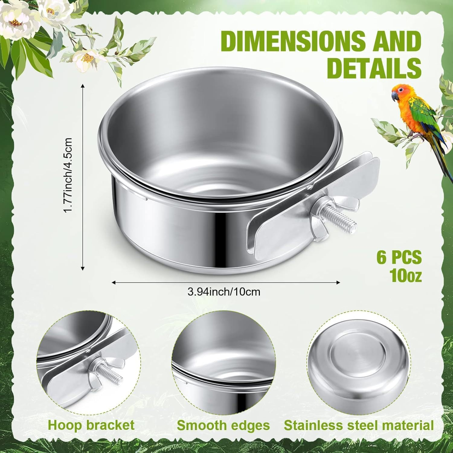 Stainless Steel Bird Feeding Dish Cups, 3Pcs Feeding Cups, Parrot Food Water Bowls with Clamp Holder, Bird Dishes for Parrot Cockatiel, Budgies, Small Animal, Chinchilla image number 2