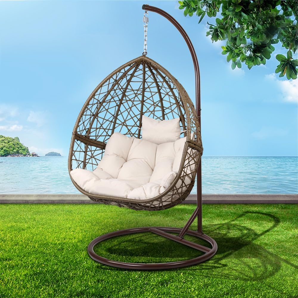 Gardeon Outdoor Egg Swing Chair Rattan Latte Garden Bench Hanging Seat, Patio Baconly Furniture Chairs, with Cushions Stand Wicker Basket Water Resistant 150Kg Capacity image number 6