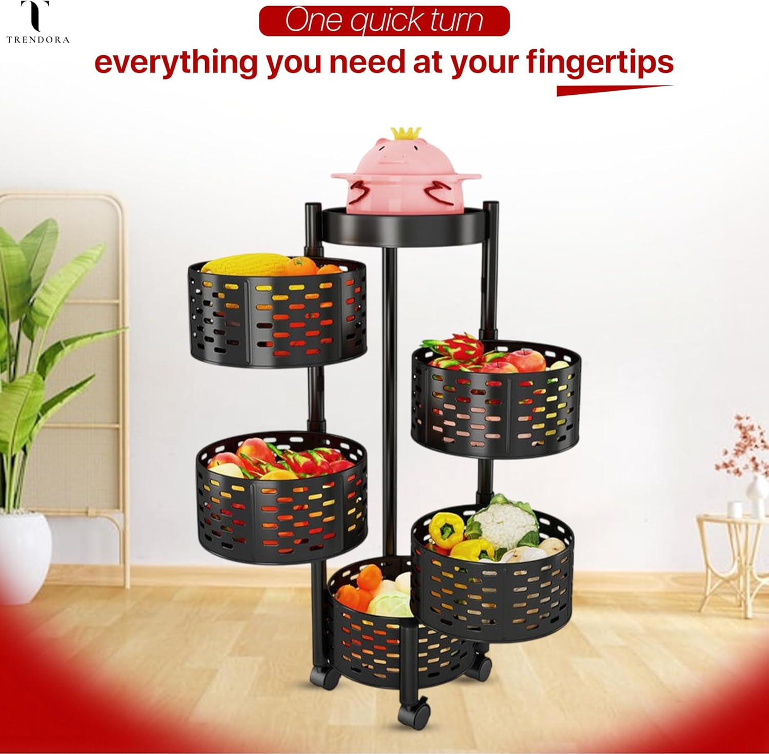 TRENDORA - 5-Layer Kitchen Storage Rack &ndash; Heavy-Duty Carbon Steel Organizer Shelf | Multi-Tier Freestanding Rack in Black| Durable, Space-Saving Design for Kitchen. image number 4