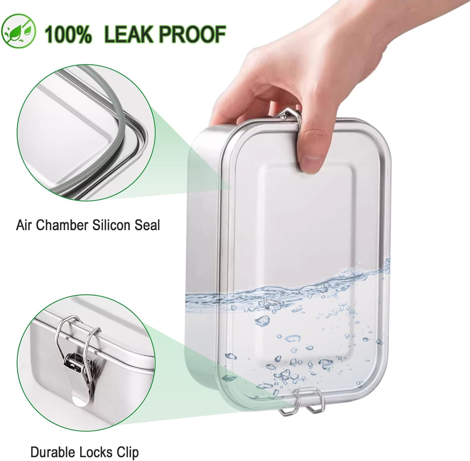 DAITET Leak-Proof Lunch Box Stainless Steel Bento Lunch Food Box Container with Removable Dividers Stainless Lid Lunch Box with Compartments Large Single Layer Rectangular Lunchbox(47Oz) image number 3