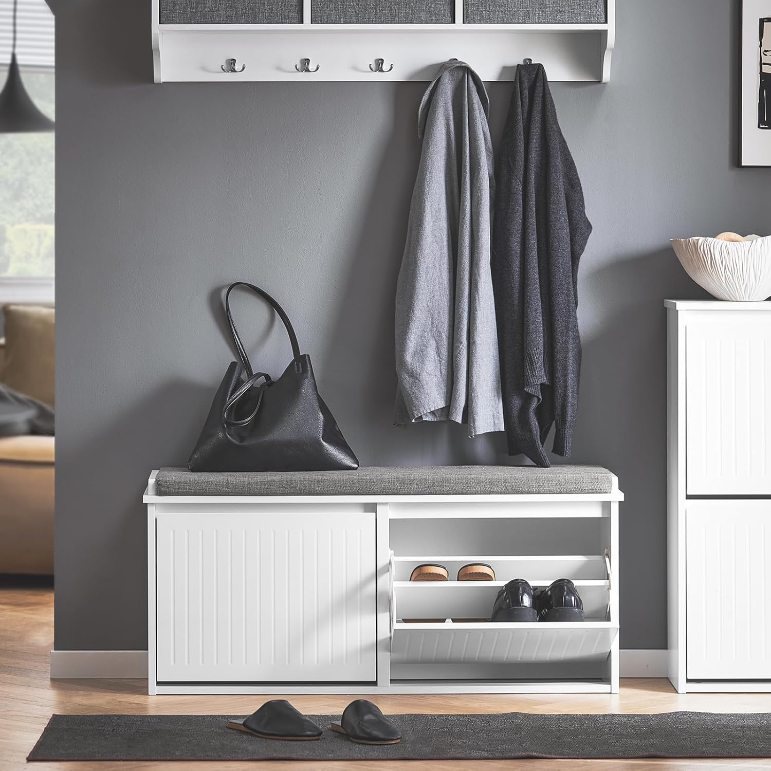 Sobuy Hallway Bench Shoe Cabinet with Seat Cushion and 2 Flip-Drawers FSR98-XL-W image number 2