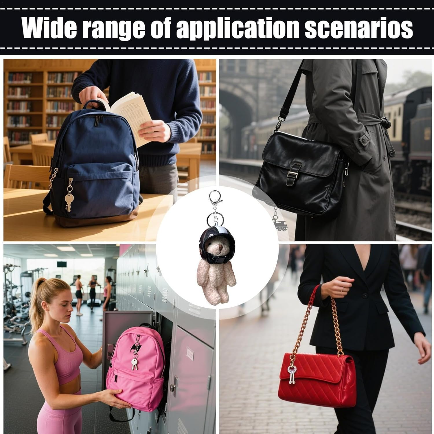 Humkopnl Cute Bear Keychain,Bear Plush Bag Charm with Helmet - Stylish Pendant, Key Chain for Travel Schoolbag Women Wallet - White image number 3