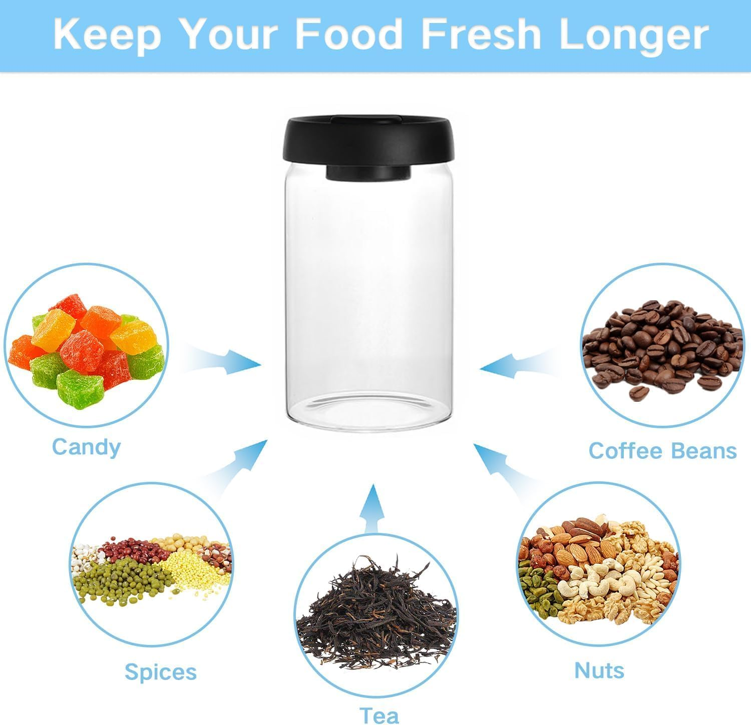 Coffee Storage Container Vacuum Seal for Jars, Glass Kitchen Storage Jars, Coffee Canisters with Airtight Lid Seal, Food Storage Containers - Perfect for Coffee Beans, Tea, Sugar (1200Ml) image number 1