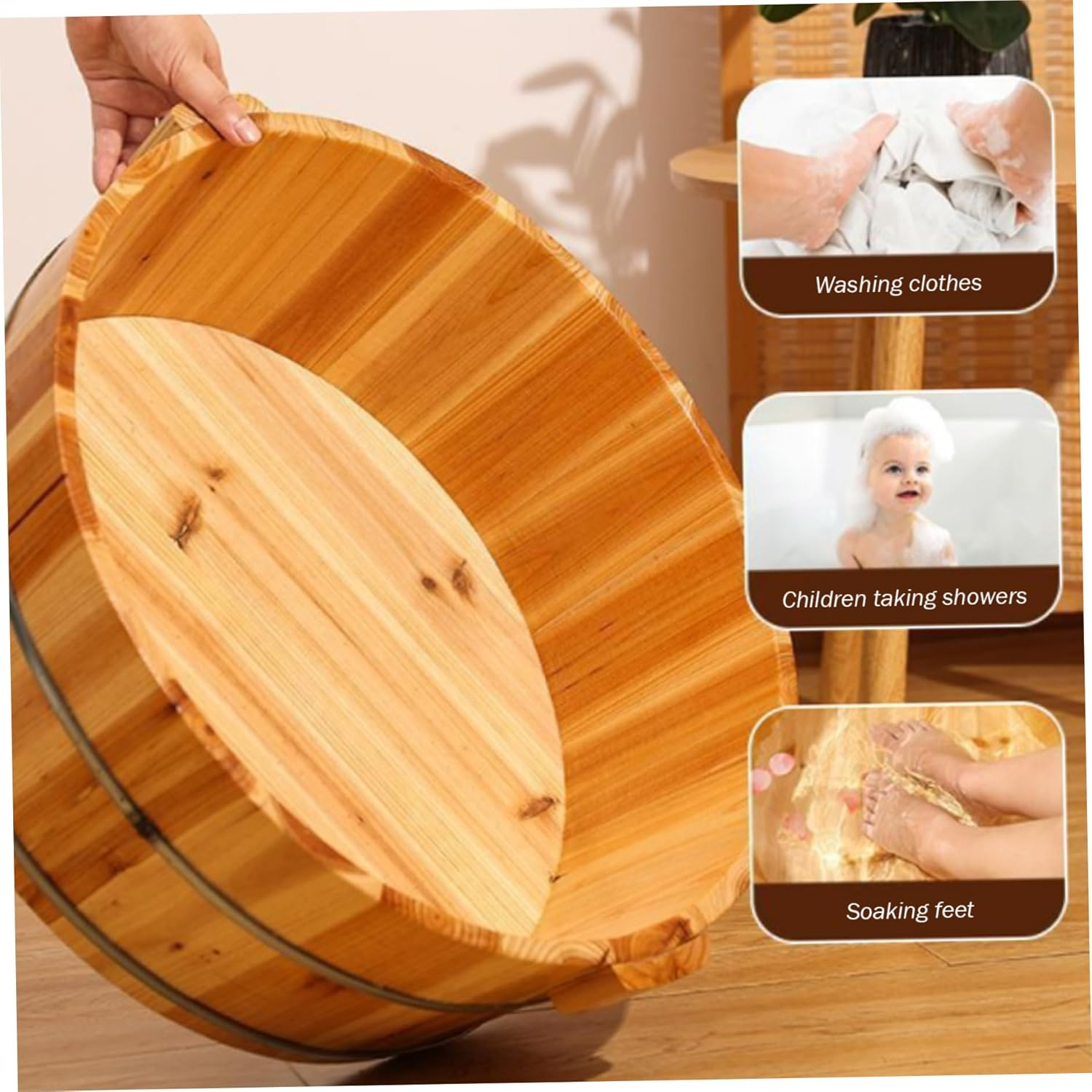Foot Bath Soak Tub, 14.2X6.3Inch Wooden Foot Soaking Tub, round Pedicure Bowl, Foot Bath Basin, Foot Soaking Basin, Foot Bath Bucket for Home Sauna Foot Care image number 5