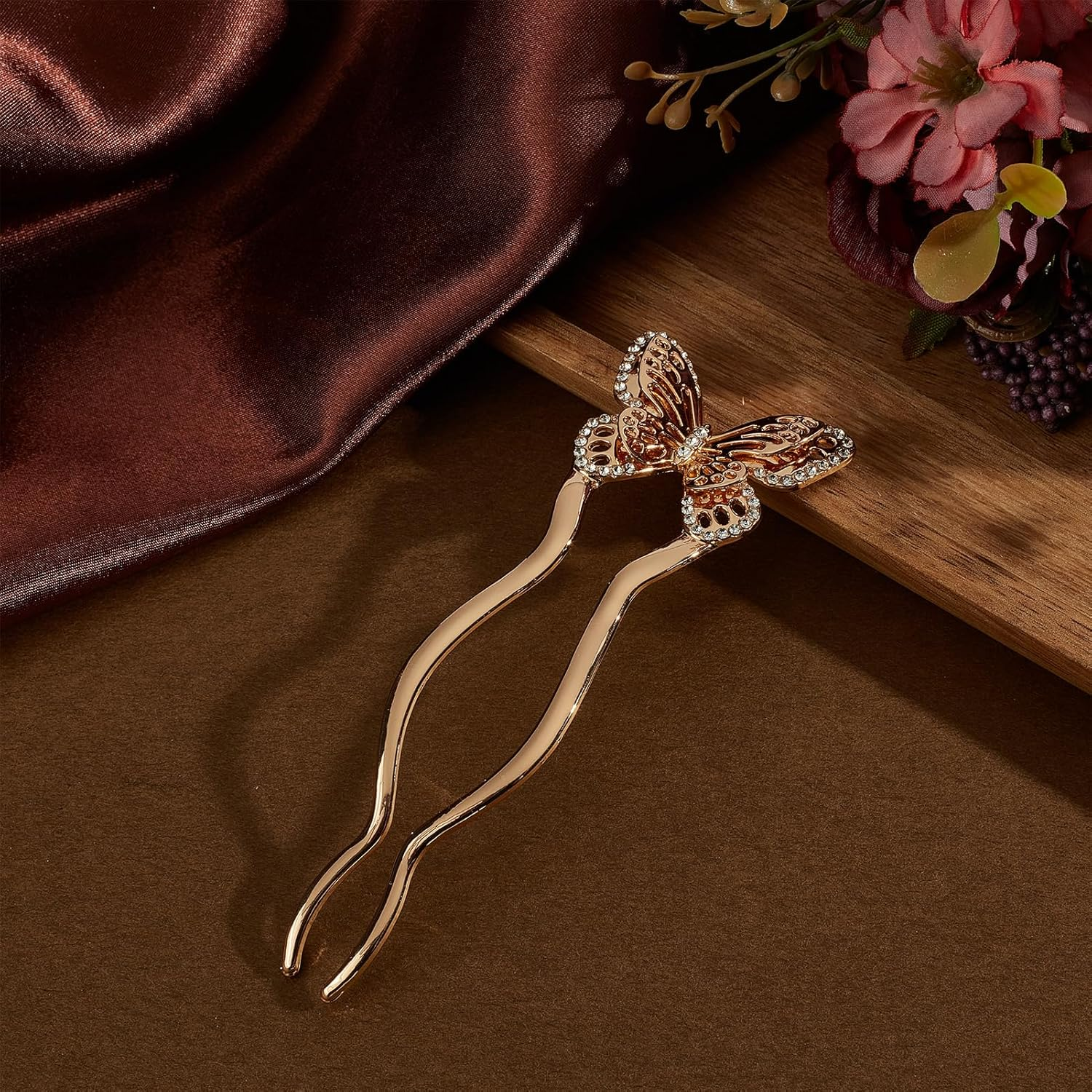 NICENEEDED 2 PCS Vintage Butterfly Hairpins, U-Shaped French Twist Alloy Hair Forks, Silver Gold Double Prong Hair Accessories for Wedding Party Holiday Daily image number 5