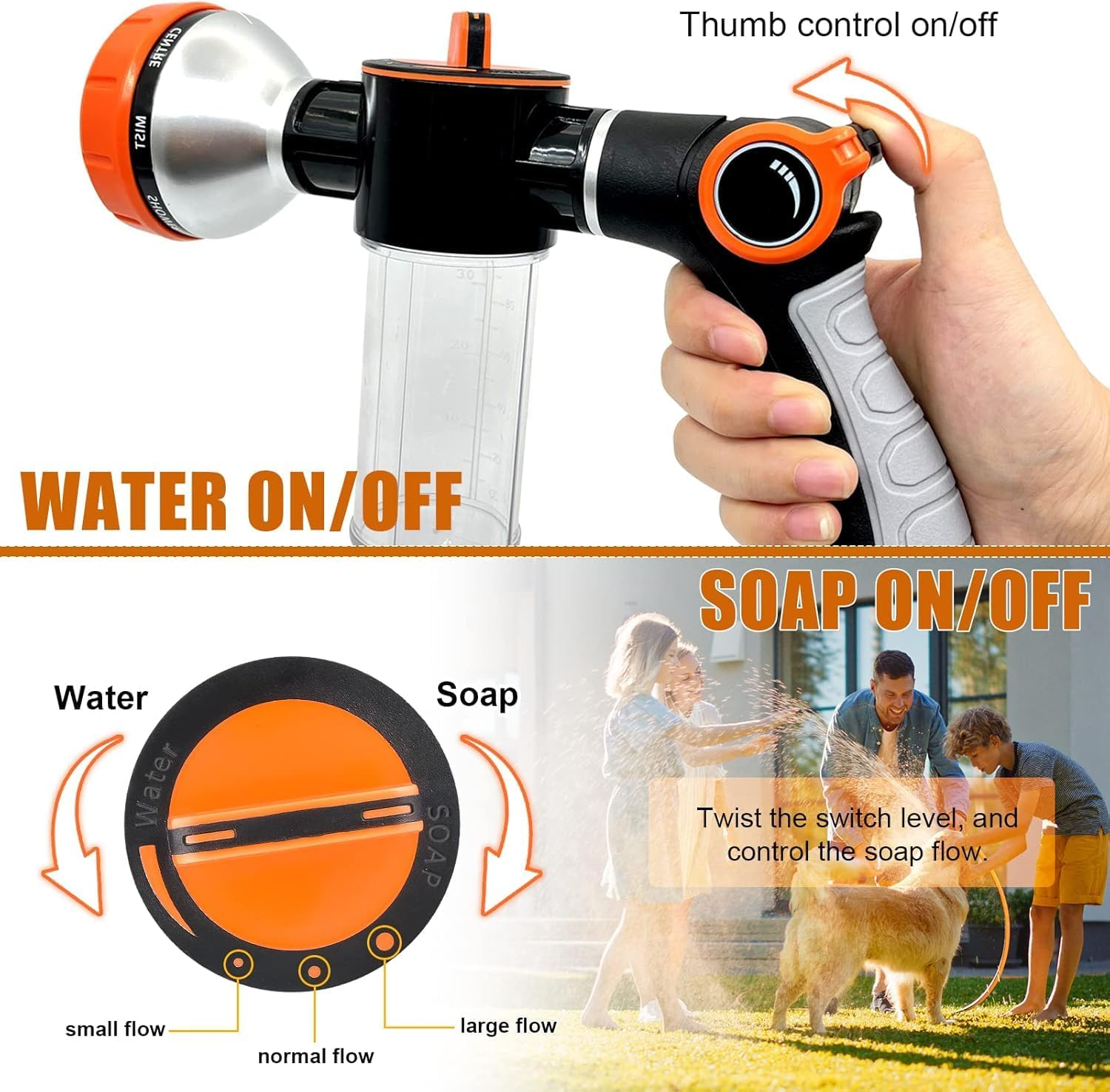 8-In-1 Garden Hose Nozzle Sprayer, Dog Wash Attachment with 100Cc Soap Dispenser, Brush, Orange image number 4