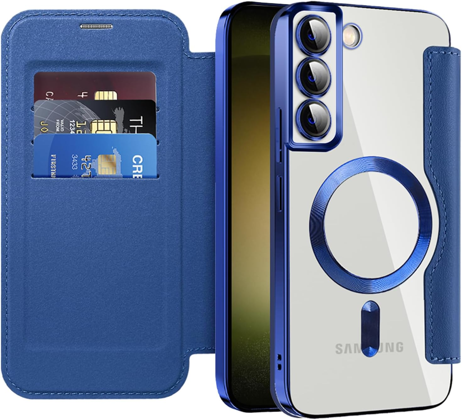 IMEIKONST Magnetic Case for Samsung Galaxy S23 plus Compatible with Magsafe, Premium PU Leather Flip Card Holder, Clear Shockproof Protective Mobile Phone Case for Samsung S23 Plus. Dark Blue JDCX image number 4