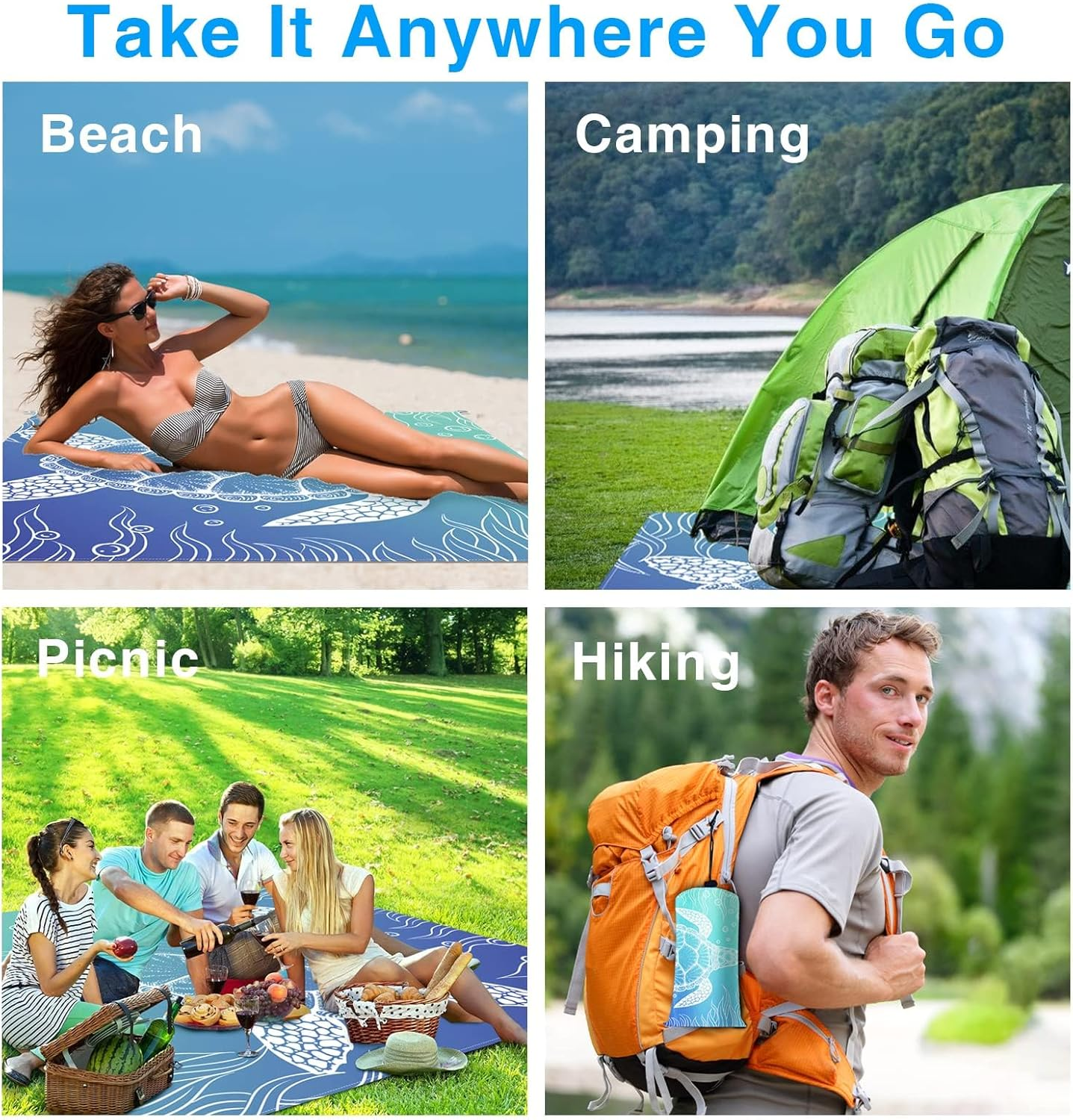 Beach Blanket, Waterproof Sandproof Sea Turtle Beach Mat Oversized 79 X 83 Inch for 4-6 Adults, Lightweight Picnic Blanket, Portable Picnic Mat for Outdoor Travel Camping Hiking with 4 Stakes (Blue) image number 3