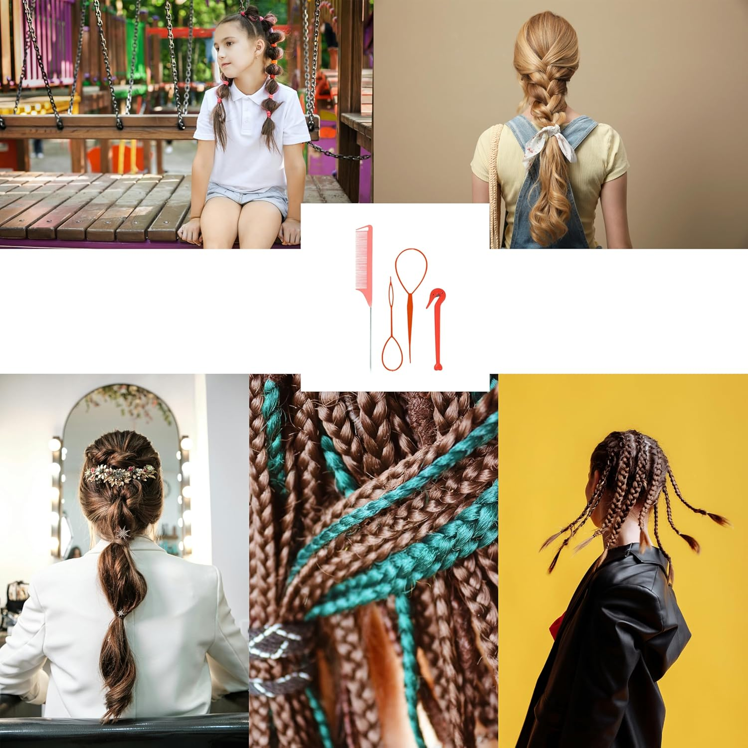 4 Piece Hair Braiding Tool Kit Professional Hair Styling Set for Perfect Braids, Includes Hook, Comb, Clips, and Accessories Ideal for Beginners and Expert (Red)