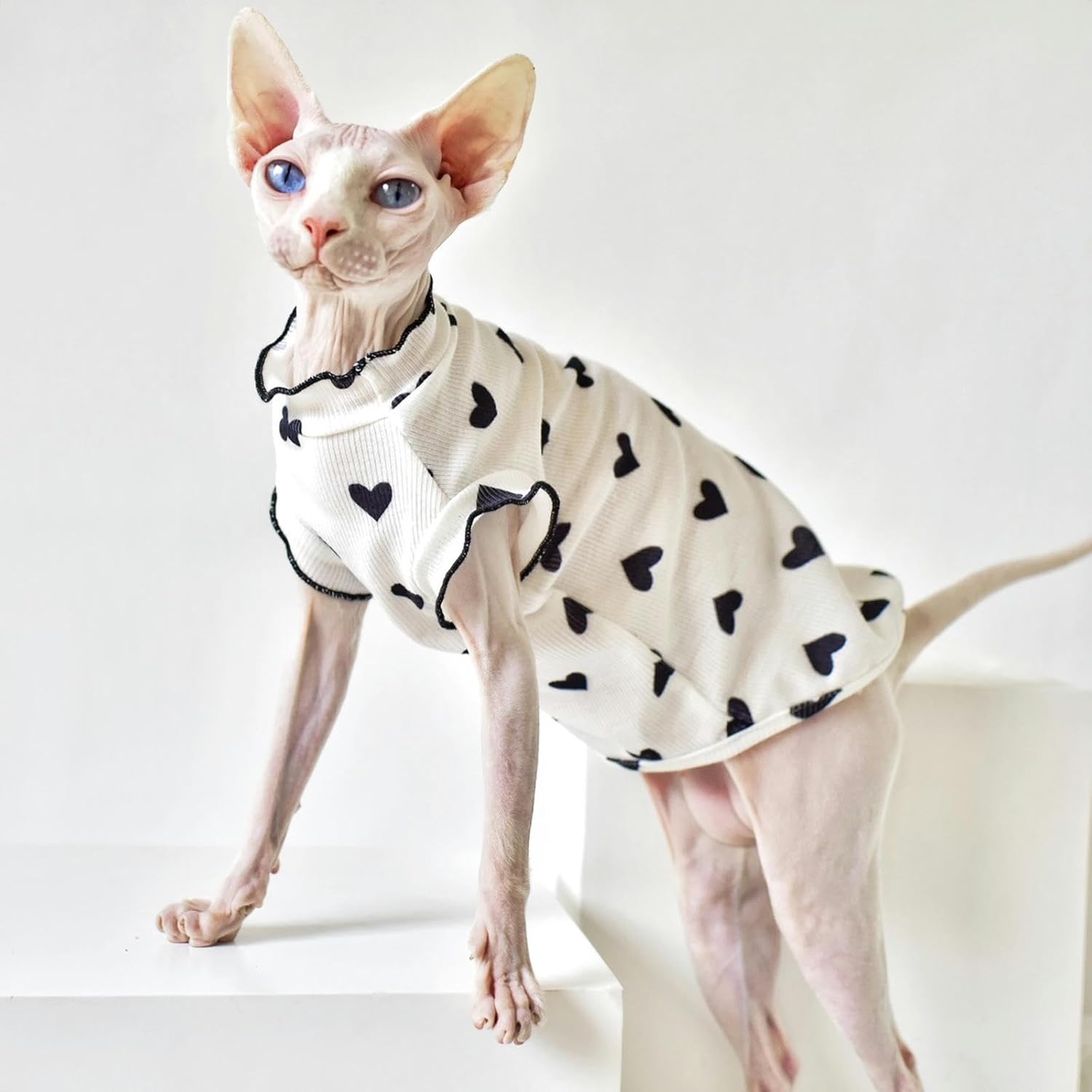 IUOUTG Sphynx Hairless Cats Shirt Soft Cotton Kitten T-Shirts Summer Lightweight Cat Clothes round Collar Cat Pullover Vest with Heart Pattern Cute Pet Pajamas for Cat and Small Dogs image number 4