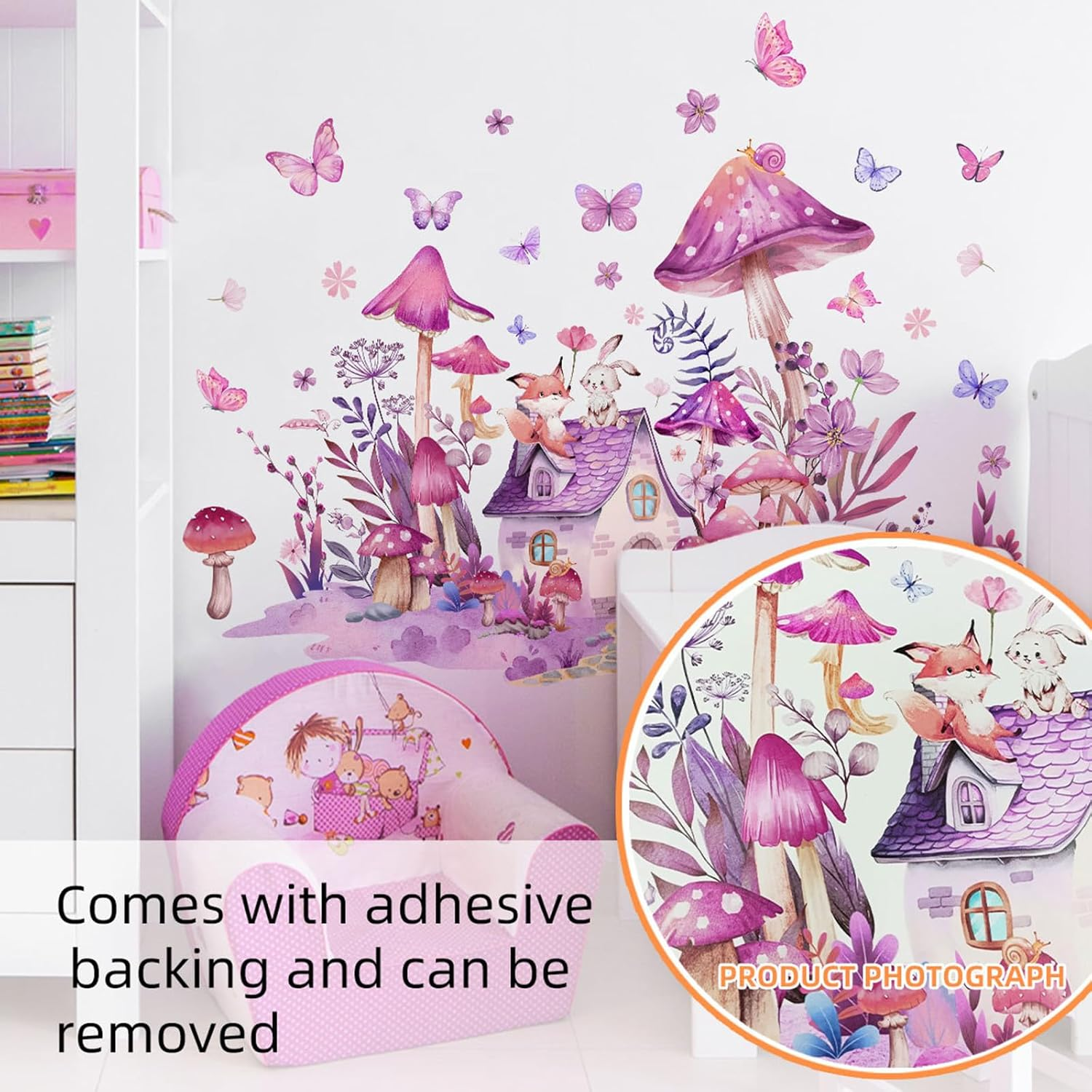 Mushroom Wall Decals Fairy Garden Wall Stickers Flower Butterflies Wall Stickers Garden Plant Grass Flower Peel and Stick Wallpaper for Kids Baby Bedroom Nursery Home image number 4