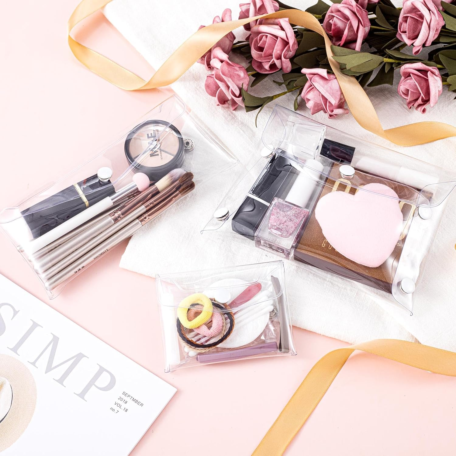 3 Pack Transparent Cosmetic Bags, Different Size Portable Waterproof PVC Makeup Cases Organizers Pouch Carrying Accessories for Lipstick Facial Cleanser Shampoo Storage- Small & Medium & Large, image number 1