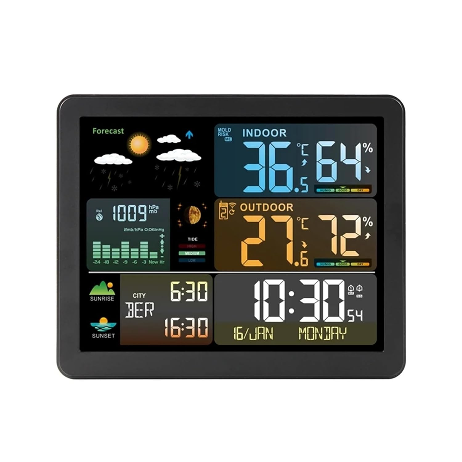 Color Weather Station Wall Dual Alarm Clock Digital Temperature Humidity Mointor Barometer Moon Phase Tide Indicator Sensor -40C image number 1
