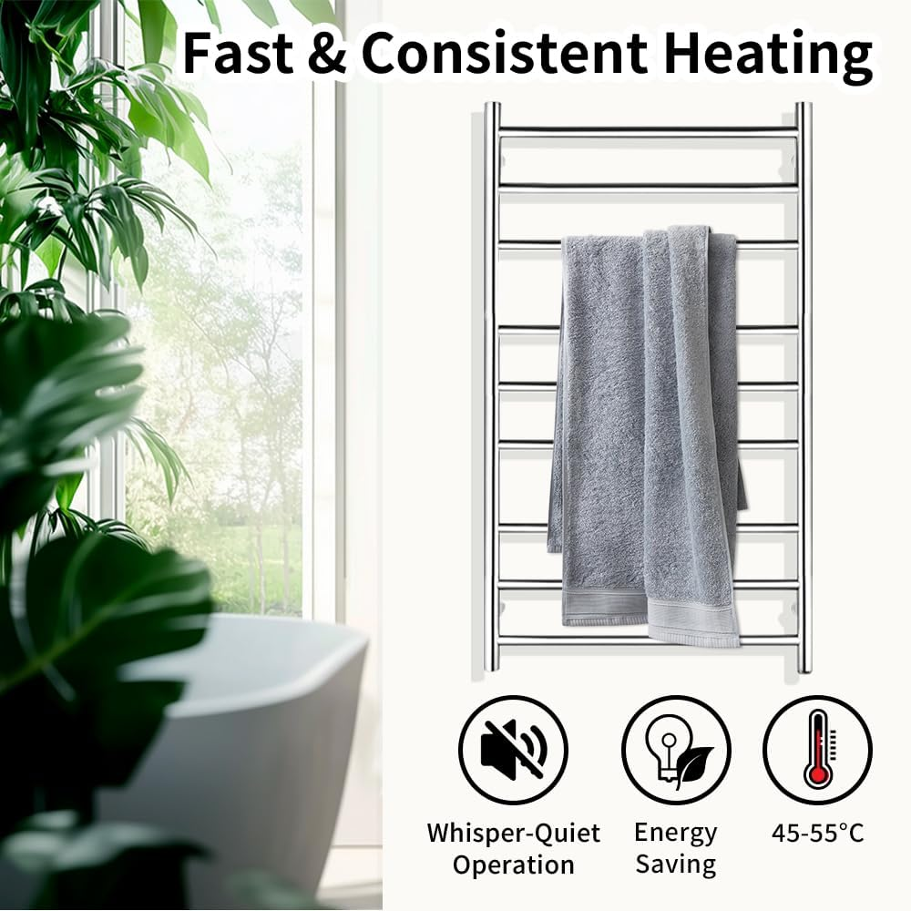 Viviendo Polished Premium Stainless Steel Electric Heated Towel Rack - 9 Bar 106Cm Chrome image number 2