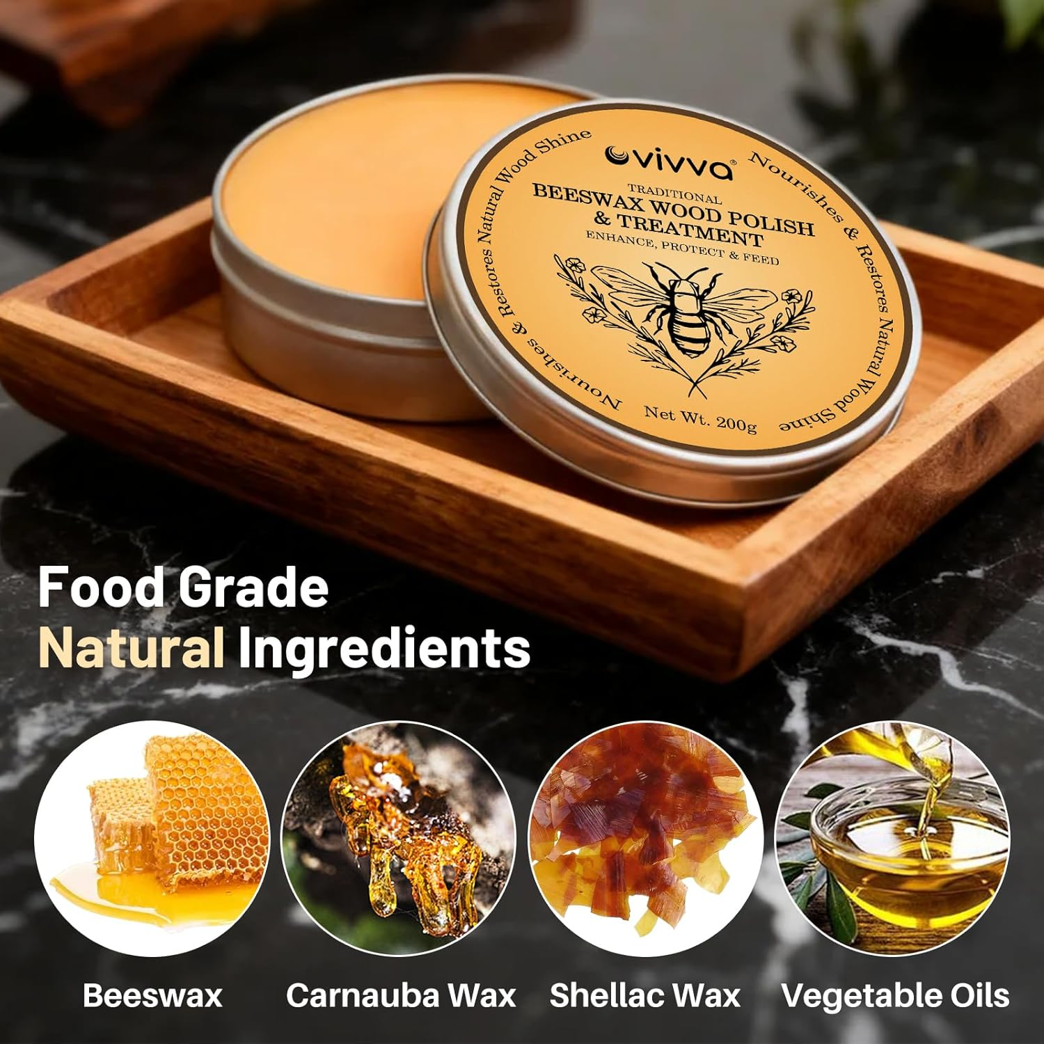 Vivva Australian Made Beeswax Wood Polish & Conditioner 200G with Sponge Food Grade Beeswax Polish Suitable for Wooden Furniture, Chopping Boards, Bamboo & Wooden Surfaces image number 4