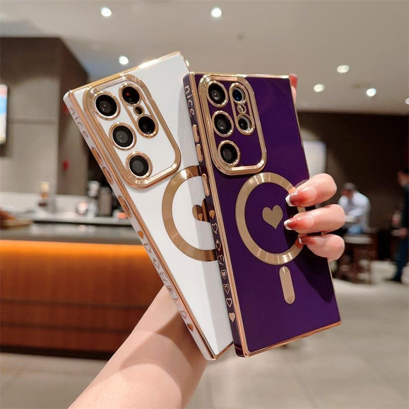 Magnetic for Samsung Galaxy S24 Ultra Case [Compatible with Magsafe] Cute Love Heart Luxury Plating Gold Edge Bumper,Built-In Camera Lens Protector,Shockproof Soft TPU Protective Cover-Black(6.8") image number 1