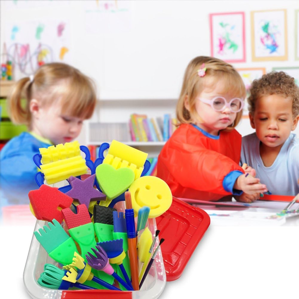 Lumsburry 59Pcs Kids Art & Craft Early Learning Painting Sponges Stamper Mini Paint Brushes Kit with 26 English Alphabets Drawing Tools (With Apron&Box) image number 2