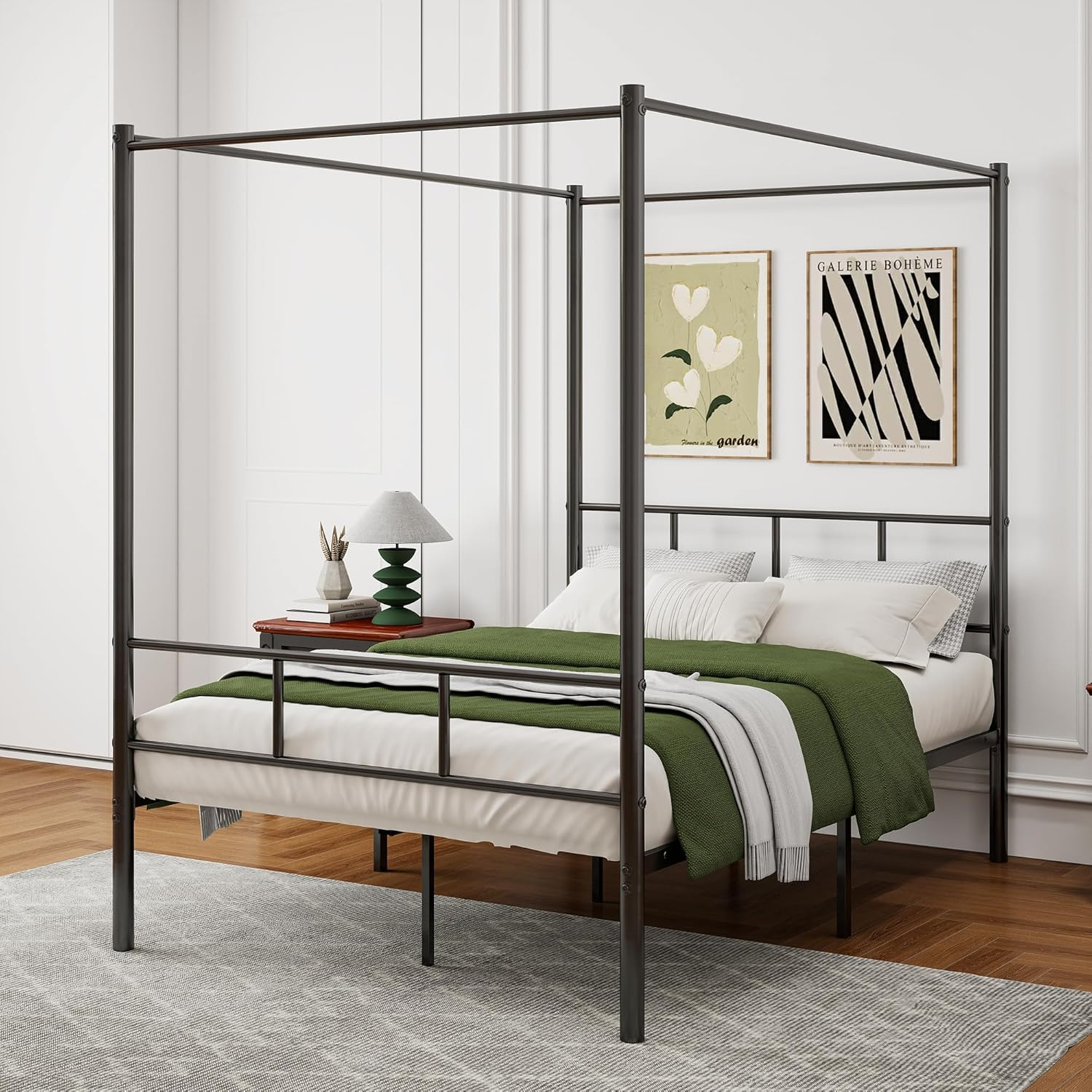 Diolong Patricia Double Bed Frame Canopy Four Poster Bed with Metal Slats/Mattress Platform with under Bed Storage/Bedroom Furniture/Black image number 5