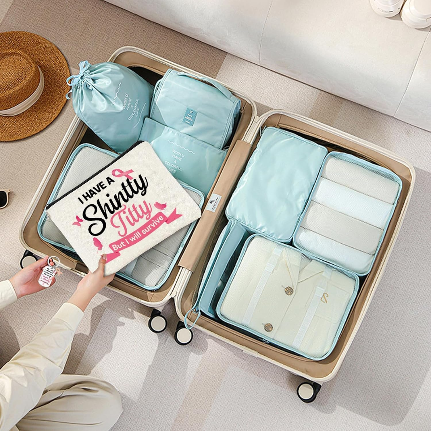 Kuskins Breast Cancer Survivor Gift Set for Women - 2Pcs Makeup Bag and Keychain,Pink Ribbon Awareness Toiletry Bag Set for Women, Survivor Inspirational Gifts image number 2