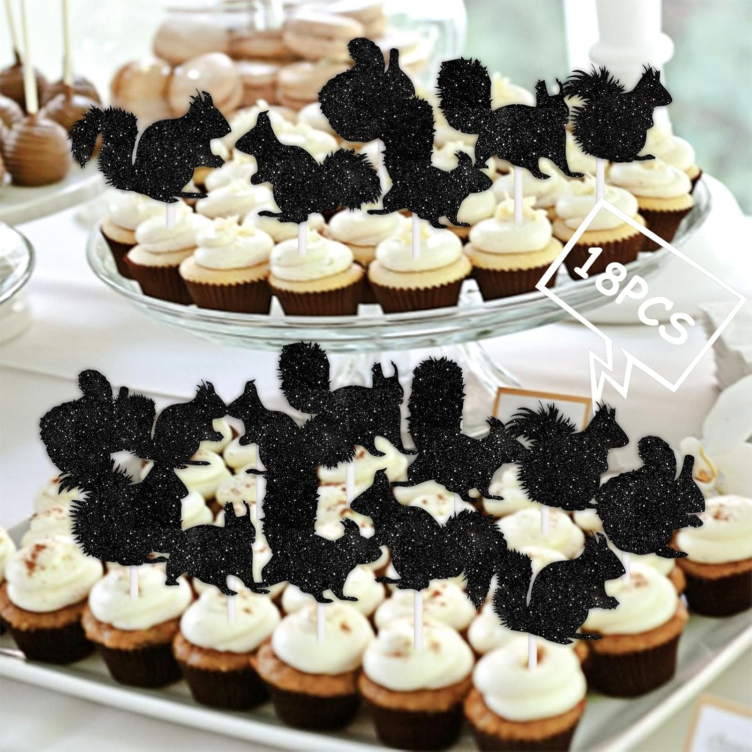 18Pcs Black Silhouette Glitter Squirrel Dessert Cupcake Topper Pick for Forest Animal Theme Decor Supplies Baby Shower Boys Girls Happy Birthday Party Decorations image number 1
