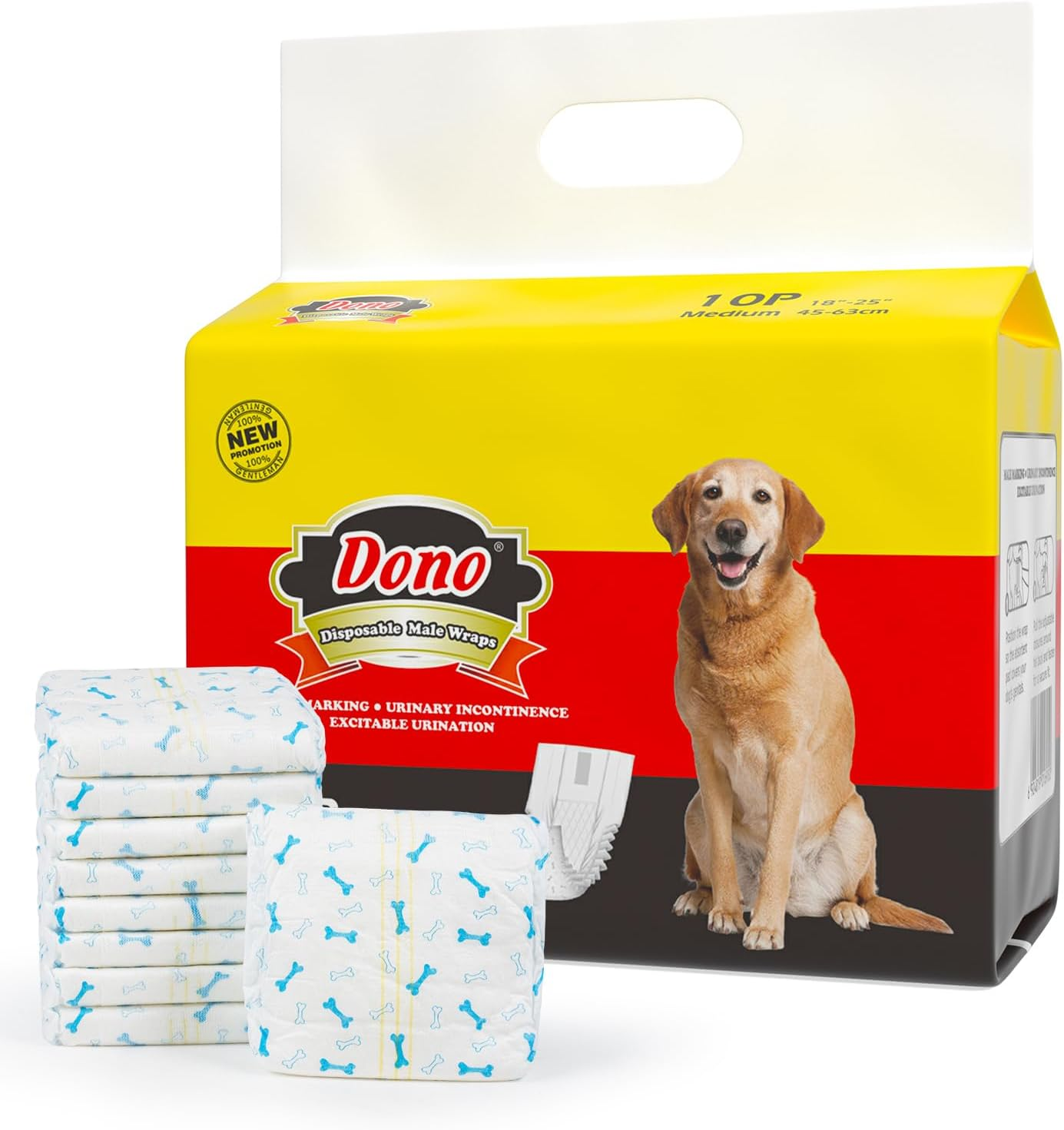 DONO Disposable Dog Diapers Male Dog Wraps Super Absorbent Soft Diapers for Male Dogs,With Wetness Indicator,10Pcs,M (18"-25") image number 1