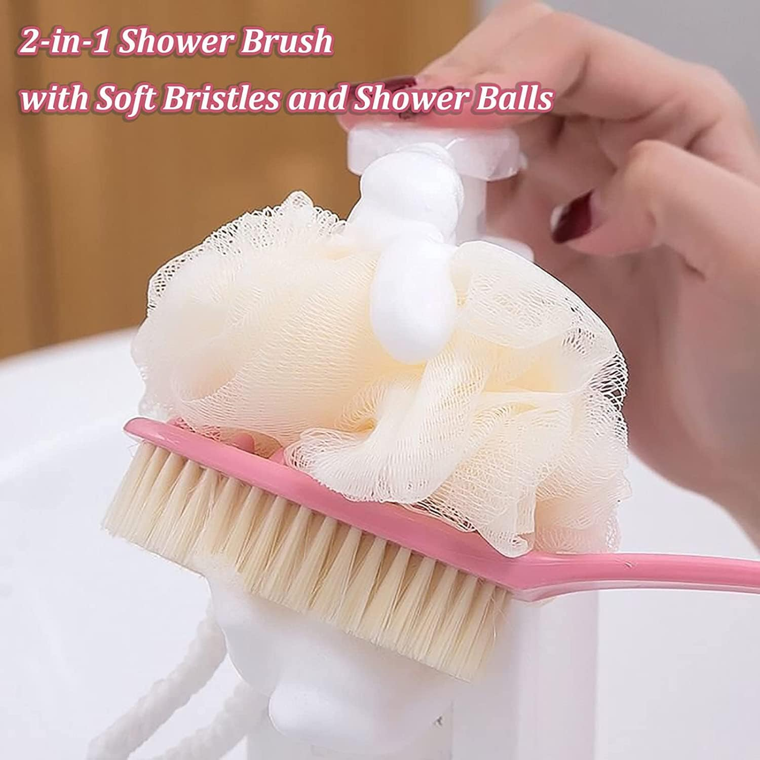 Back Scrubber for Shower,2 in 1 Bath Body Brush with Bristles and Loofah for Men and Women Massage Body Skin Exfoliating Bat (Blue(1Pc)) - Pink image number 4