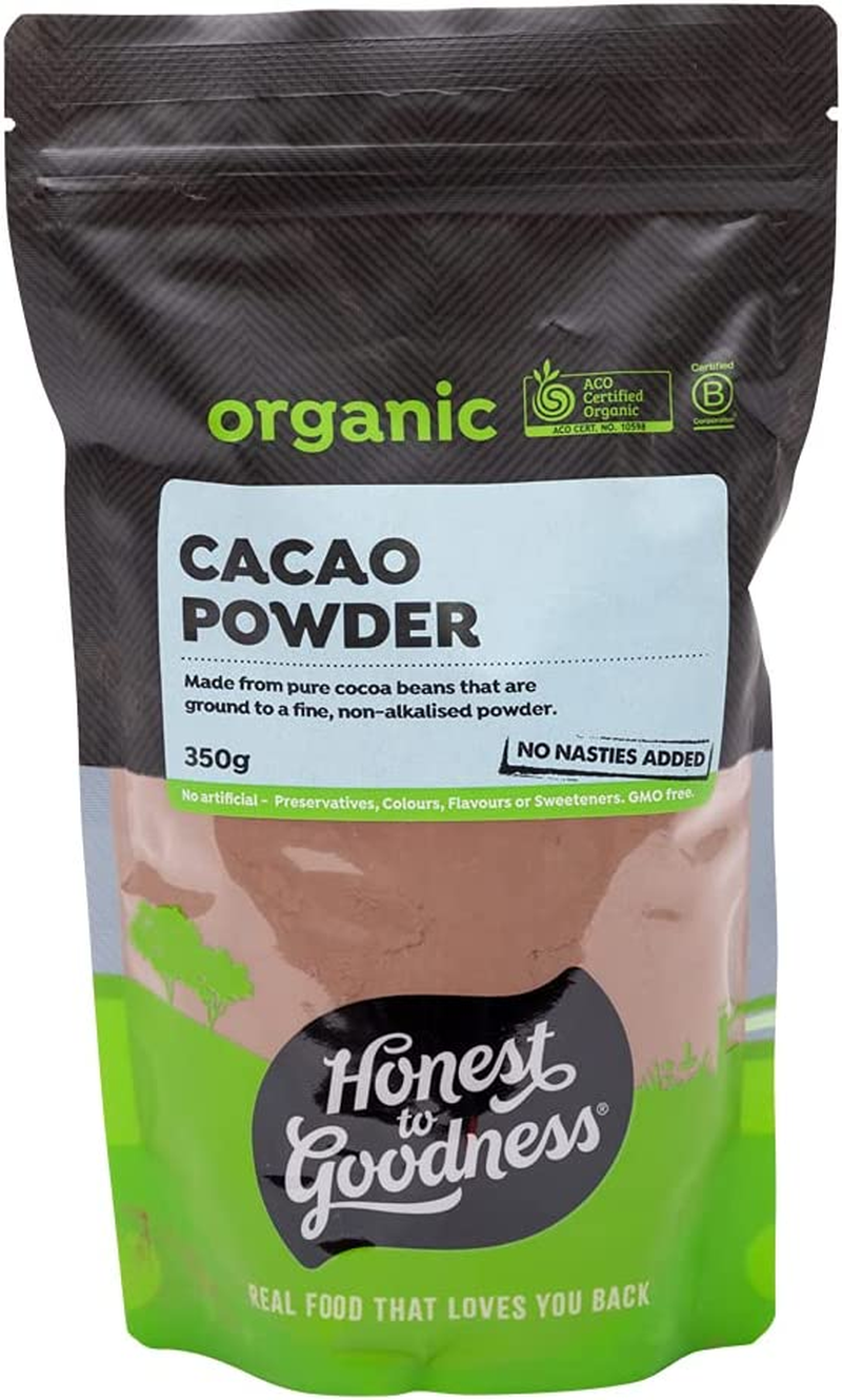 Honest to Goodness, Organic Cacao Powder, 350G - Made from Pure Cocoa Beans Grounded to a Fine, Non-Alkalised Powder. Naturally Tart Cocoa Flavour. Slightly Light in Colour.