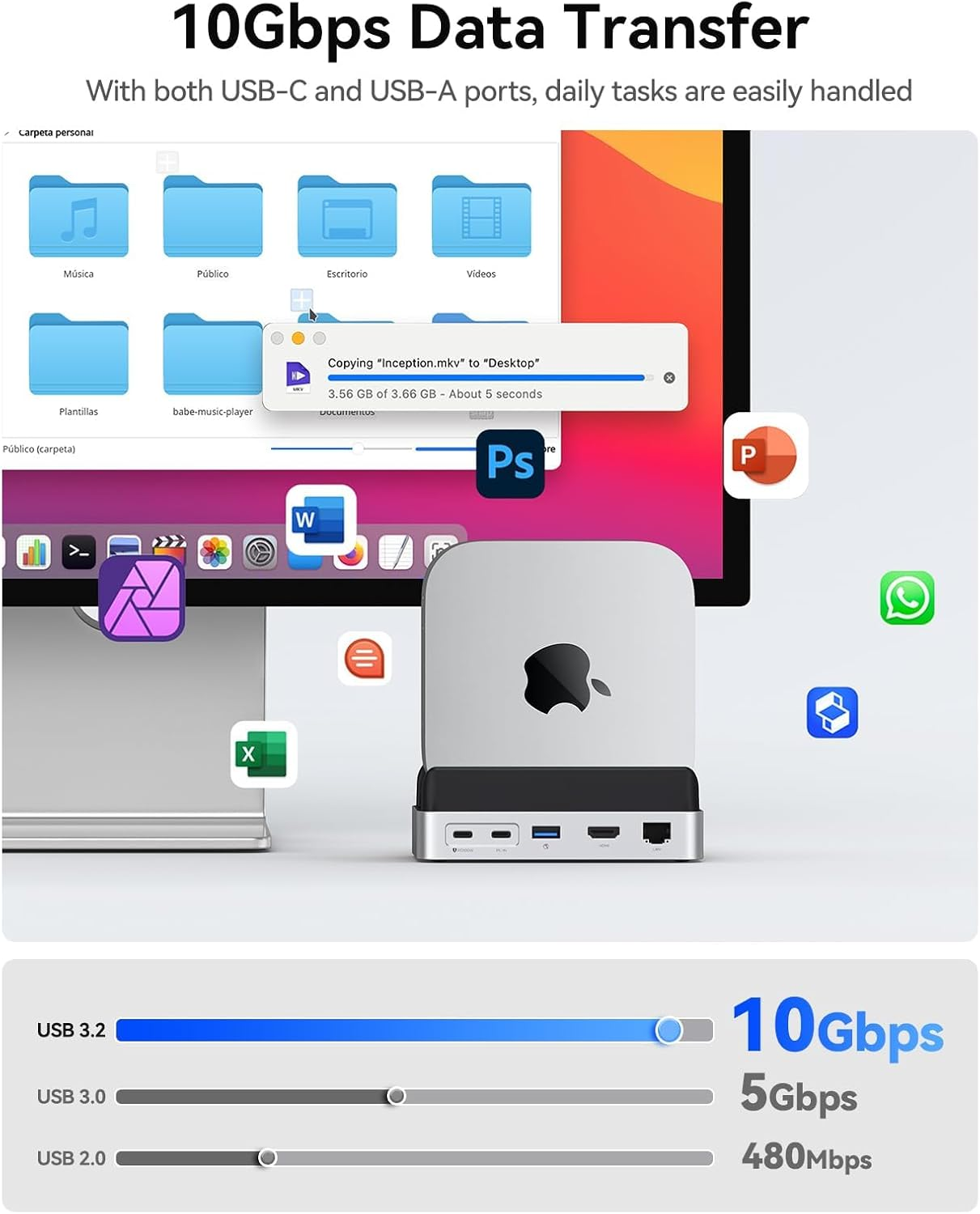 ORICO Minidock and Stand Compatibility with Mac Mini M4, 9-In-1 Aluminum Hub with 2TB Nvme M.2 SSD, 10Gbps USB-C & USB-A, 4K HDMI, Gigabit Ethernet, SD/TF Card Readers image number 2