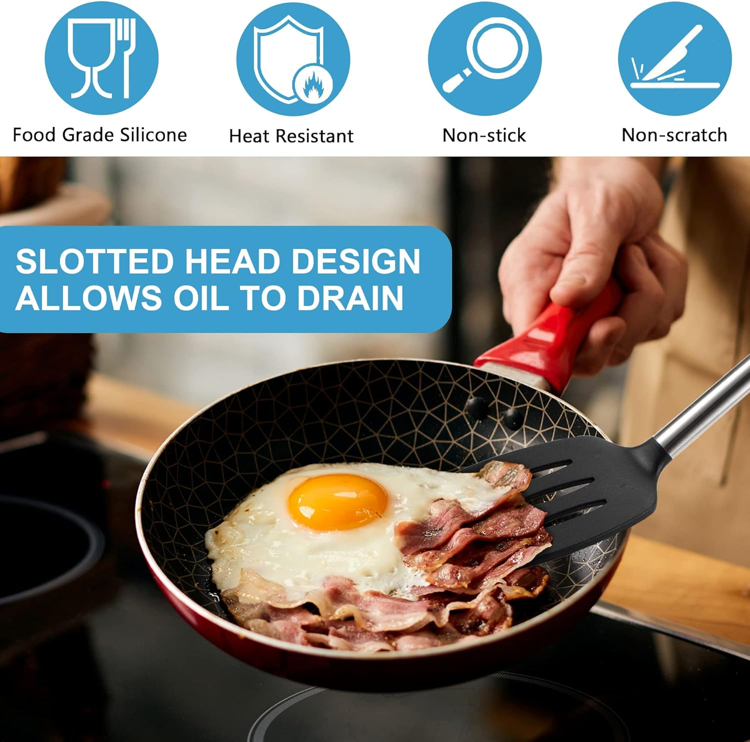 Igluu Meal Prep Black Silicone Slotted Turner Spatula Heat Resistant Non-Stick Soft Grip, Stainless Steel image number 1