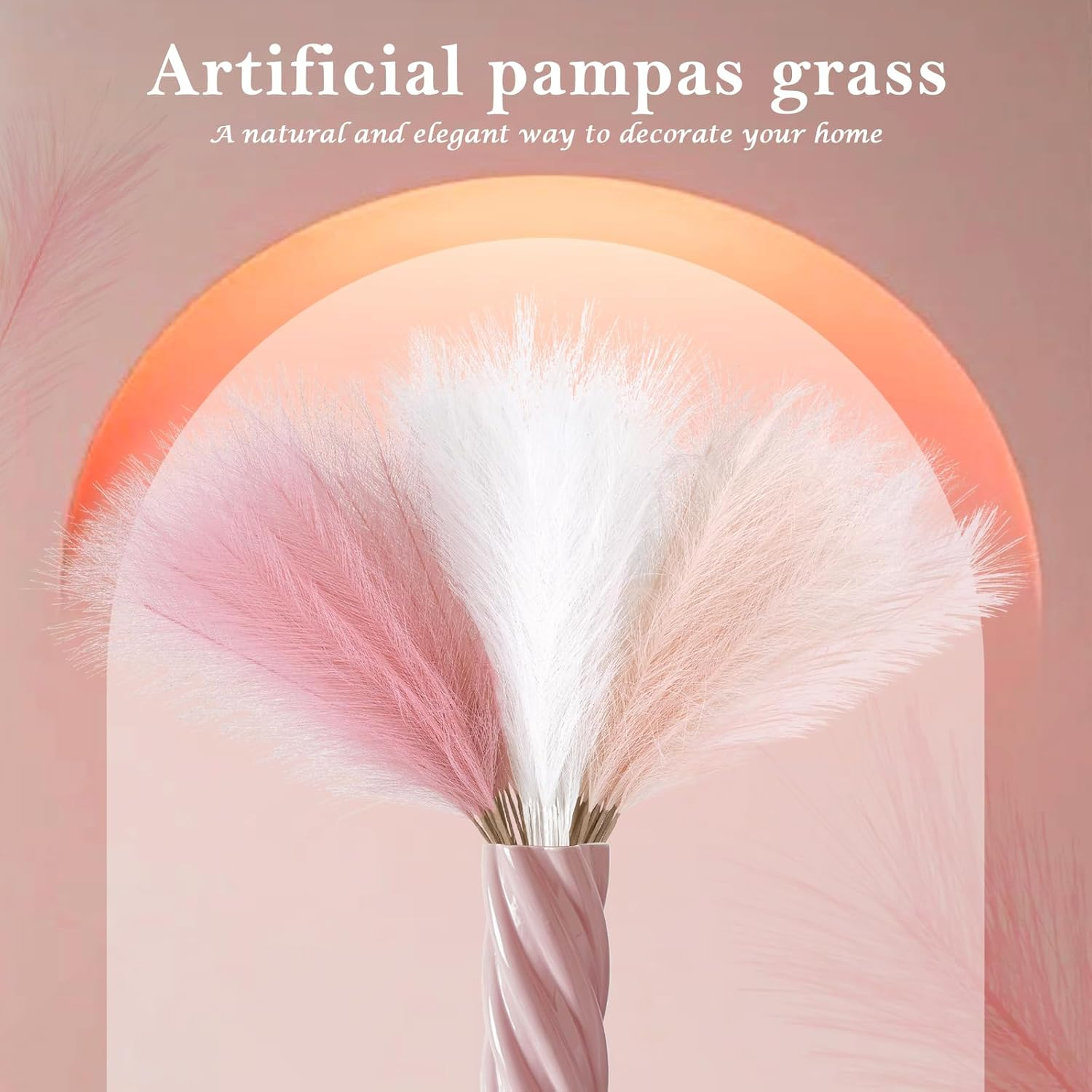Lenamos 60Pcs Faux Pampas Grass Decor, 21.6"/55Cm Artificial Pompous Grass Floral Fake Pompas Grass Branches Vase Filler Flower Arrangement for Home Wedding Boho Decor (White & Blush & Pink) image number 1