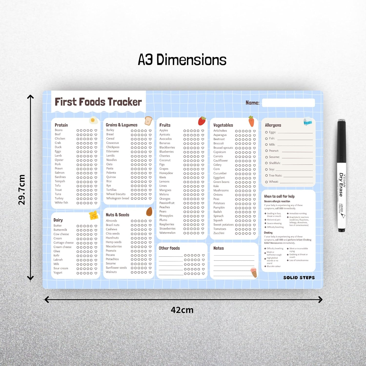 Solid Steps Baby First Foods & Allergens A3 Fridge Magnet &ndash; Whiteboard Tracker, Weaning Chart, Daily Food Log & Checklist &ndash; 130+ Solid Foods & Top 9 Allergens image number 3