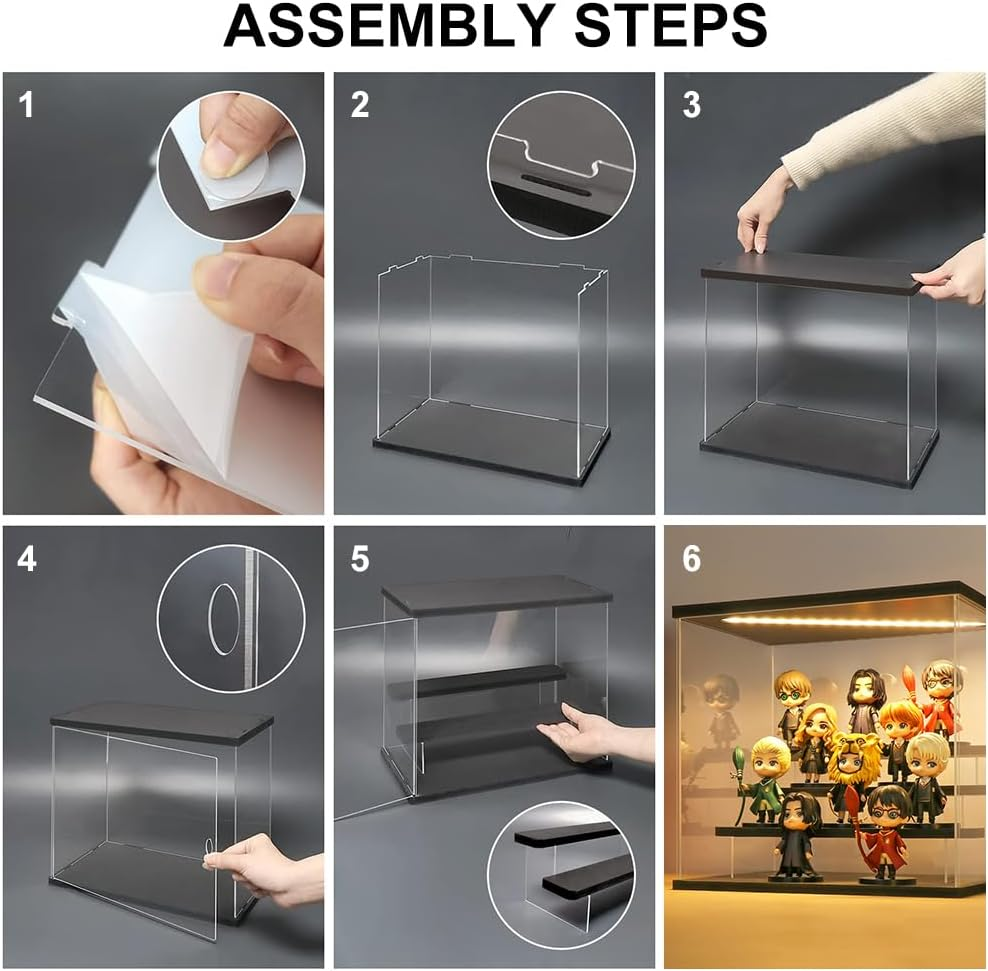 Clear Acrylic Display Case with 3-Color Light,4 Level Stand Display Box with Wooden Base Countertop Dustproof Showcase for Display Collectible Pop Figures and Toys,Toys Not (4 Tier Black) - 4 Tier Wood image number 7