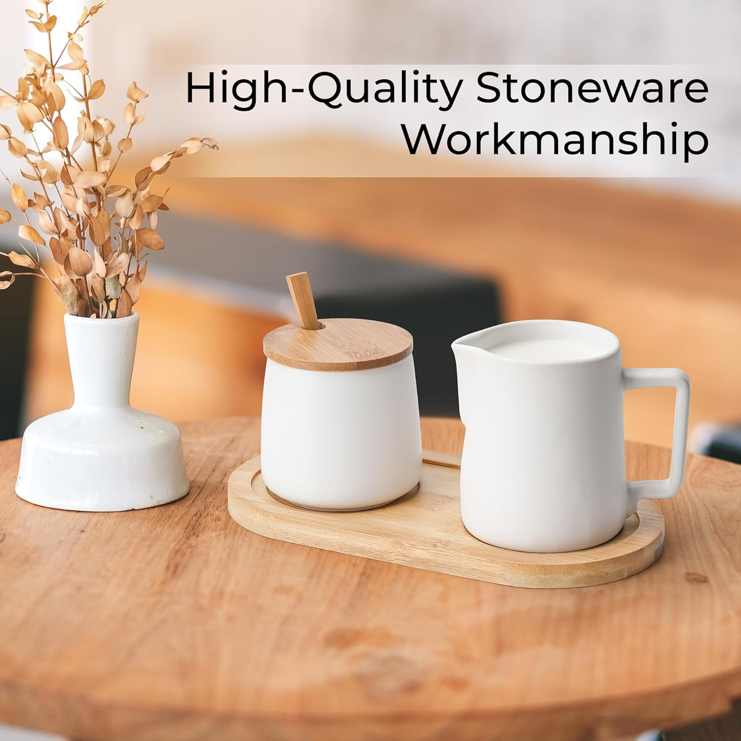 MIAMIO - Sugar and Cream Serving Set with Lid and Spoon/Ceramic Coffee Bar Accessories - Microwave & Dishwasher Safe (White) - White image number 5