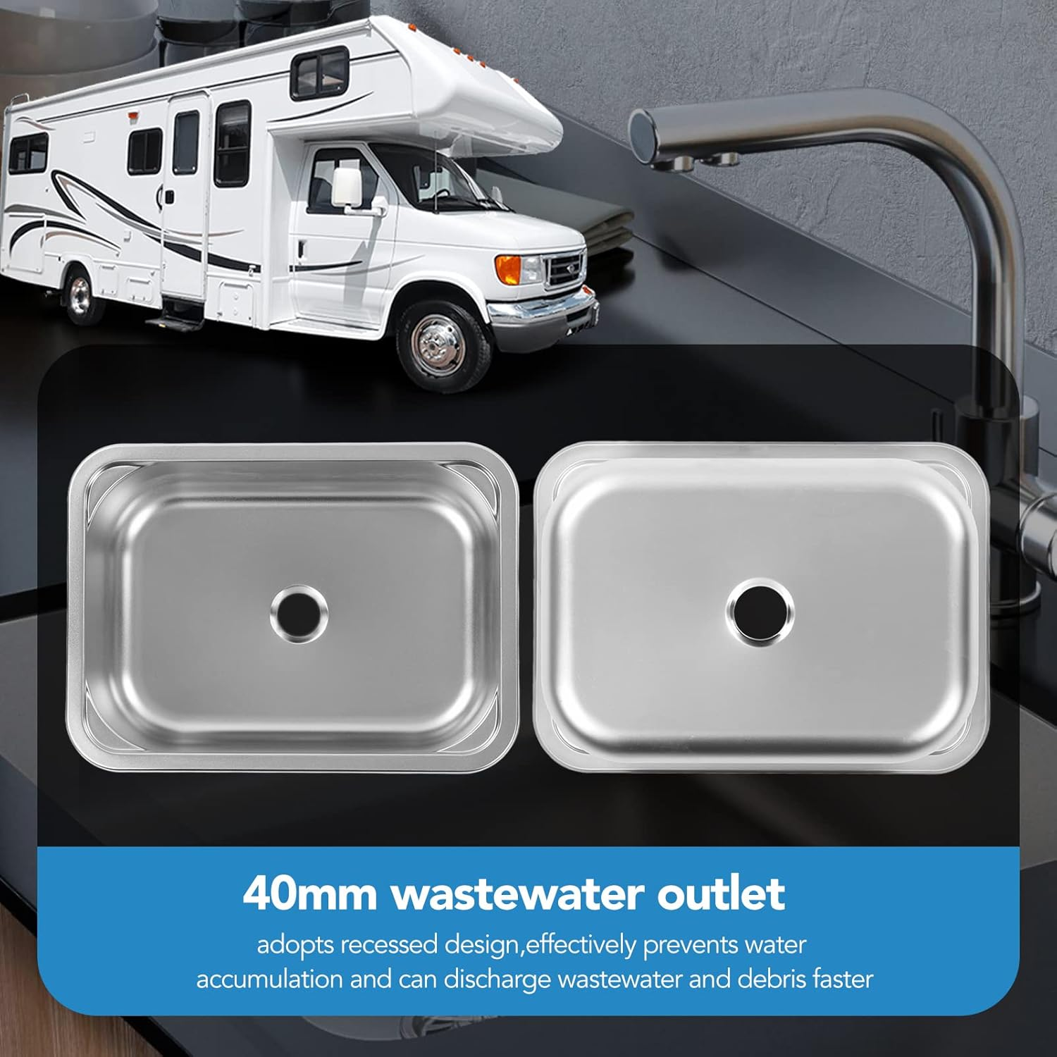 Jiawu Stainless Steel RV Sink, Space Saving Drop in Hand Wash Basin Sink with 40Mm Drain, Large Capacity Single Bowl Sink for Rvs, Campervans, Yachts, Boats, Kitchen, 345X245X136Mm image number 2