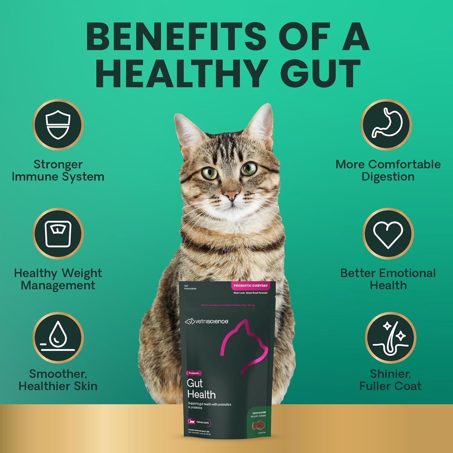 Vetriscience Gut Health Chews, Probiotic Everyday Digestive Supplement for Cats, Pet Probiotics for Digestion Support, Gas and Diarrhea, Immune Support, 120 Million CFU per Chew, Duck, 60 Count image number 1