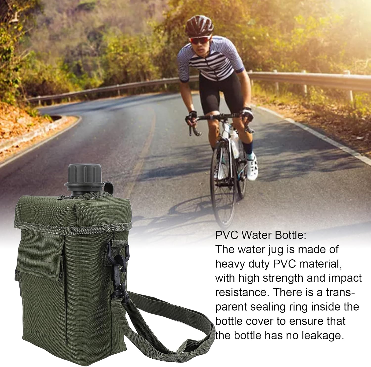 Bewinner Outdoor Water Bottle - 2L Portable Water Canteen with Waist Bag, Multi Fuctional PVC Flat Camping Water Bottle for Military Surplus or Bushcraft Gear (OD Green) image number 5