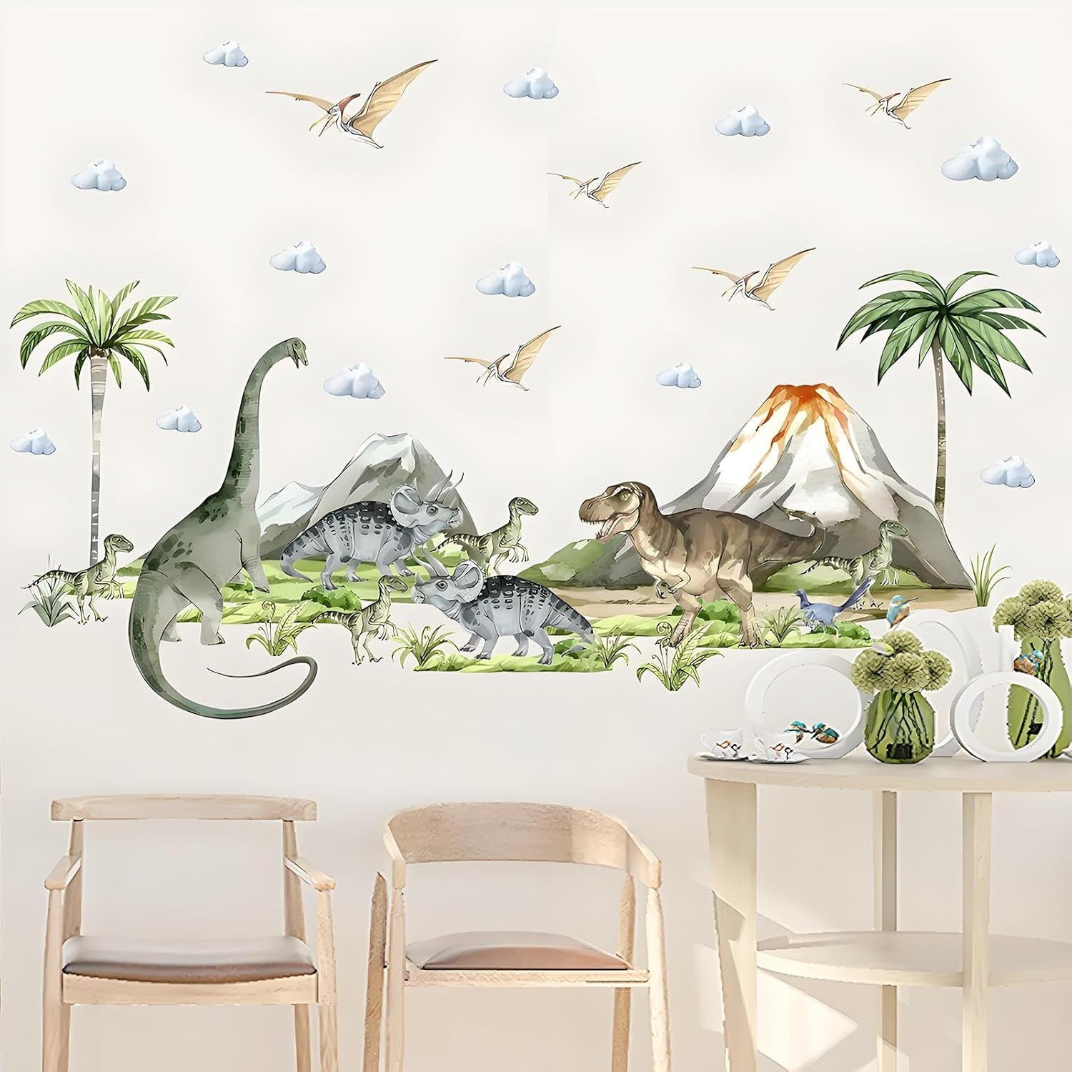 ZHIGOU Large Dinosaur Wall Sticker - Watercolor Tropical Palm Tree Wall Sticker Plant Peel off Wall Sticker - Nursery Kids Bedroom Playroom Baby Nursery Decor image number 6